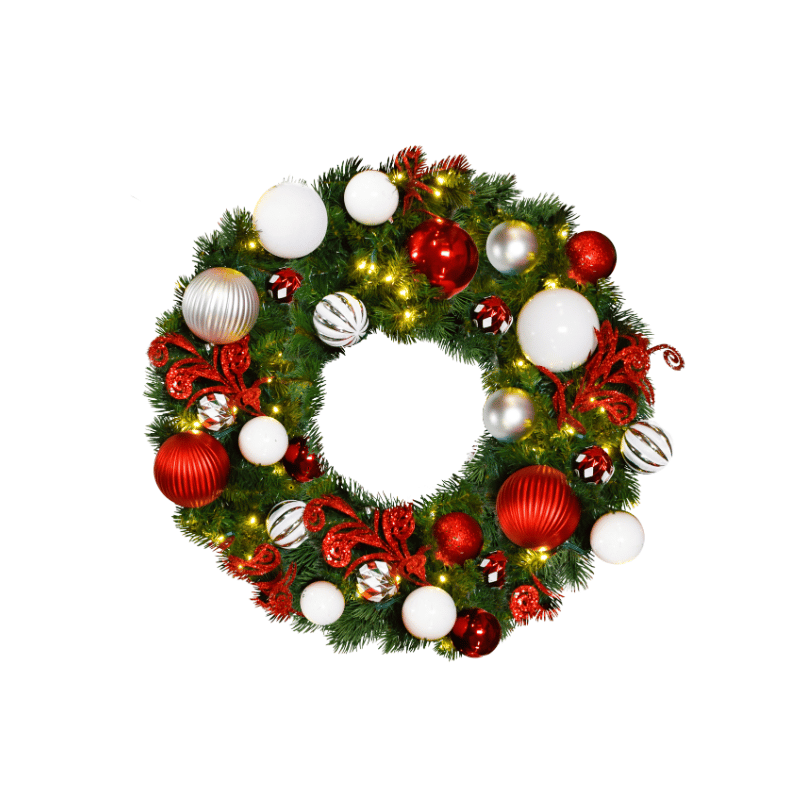 Pre-Decorated Christmas Wreath with Warm White Lights Red/White/Silver