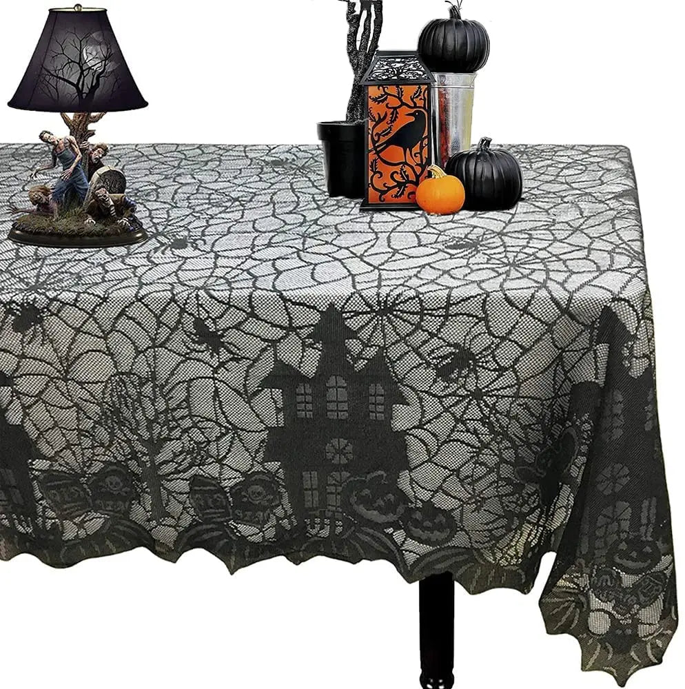 Halloween Lace Tablecloth, Haunted House & Pumpkin