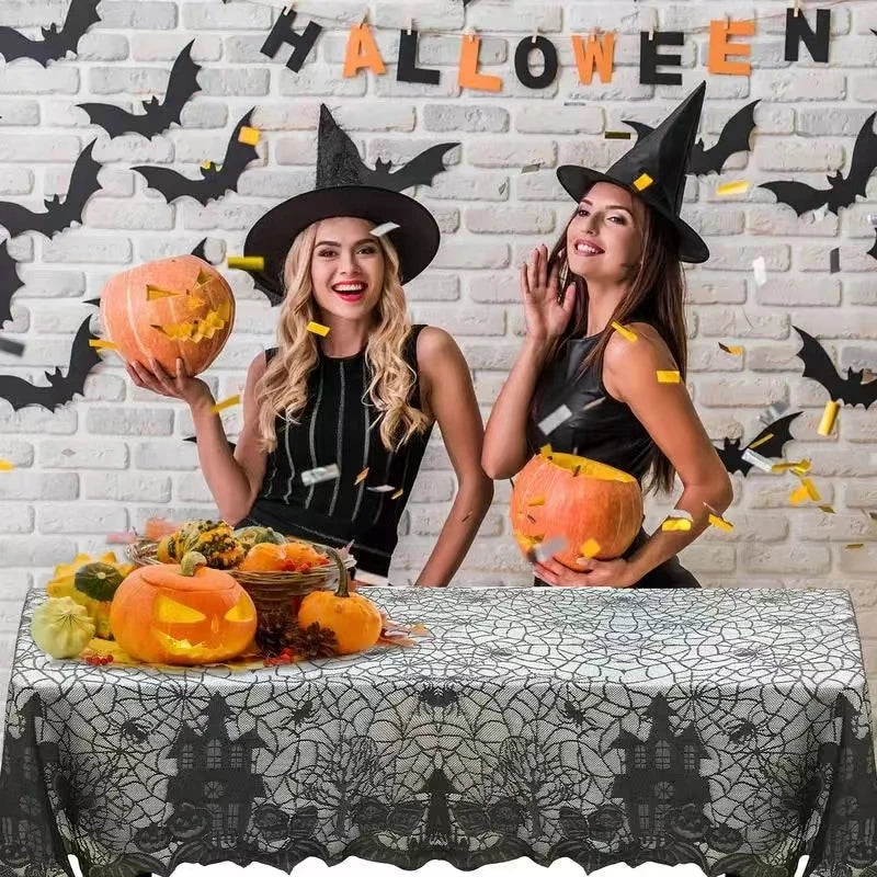 Halloween Lace Tablecloth, Haunted House & Pumpkin