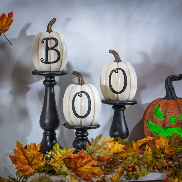 Set of Three BOO Pumpkins on Candleholders