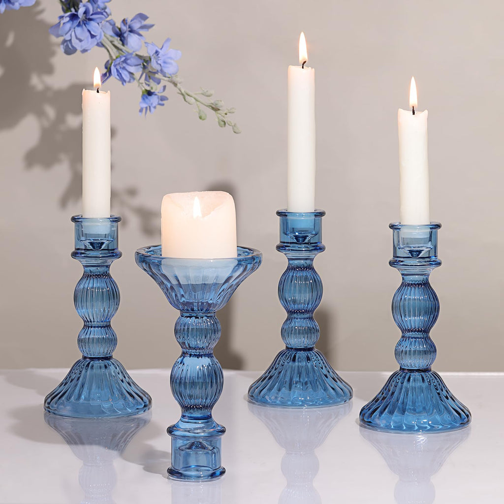 Blue Glass Taper Candle Holders, Set of 4