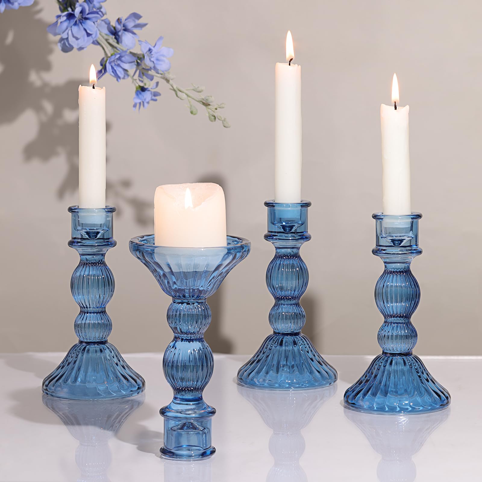 Blue Glass Taper Candle Holders, Set of 4