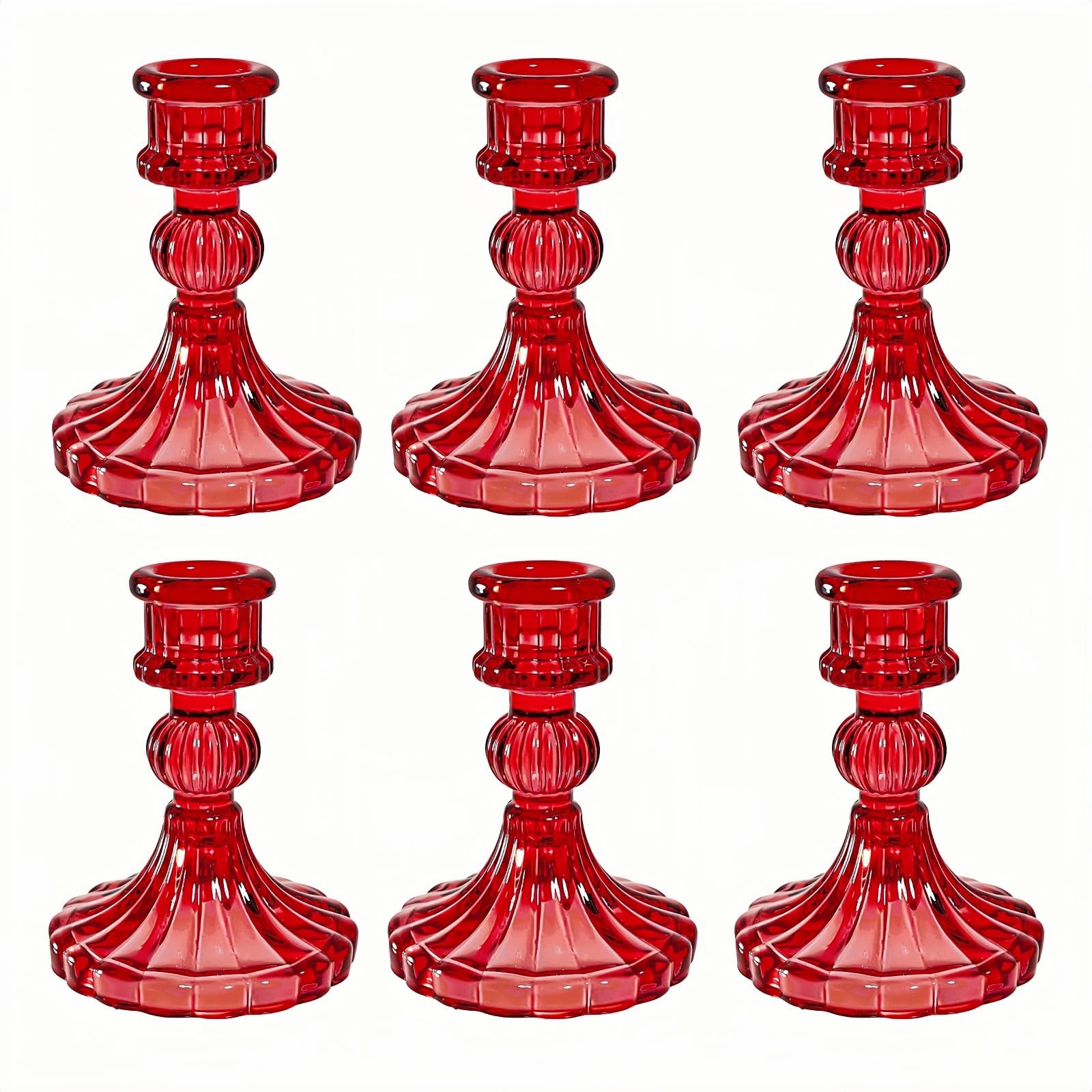 Set of 6 Red Glass Candlestick Holders