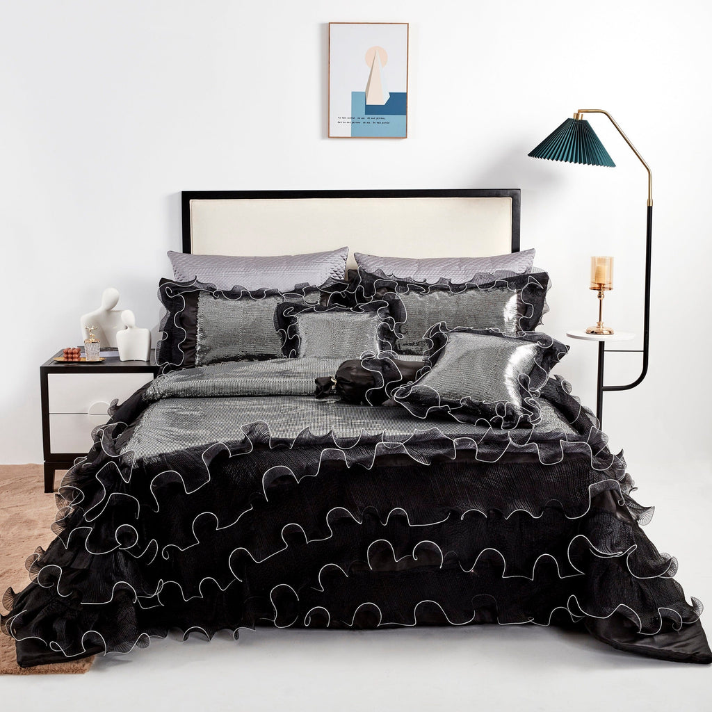 Silver Sequin Black Organza Ruffle Comforter Set