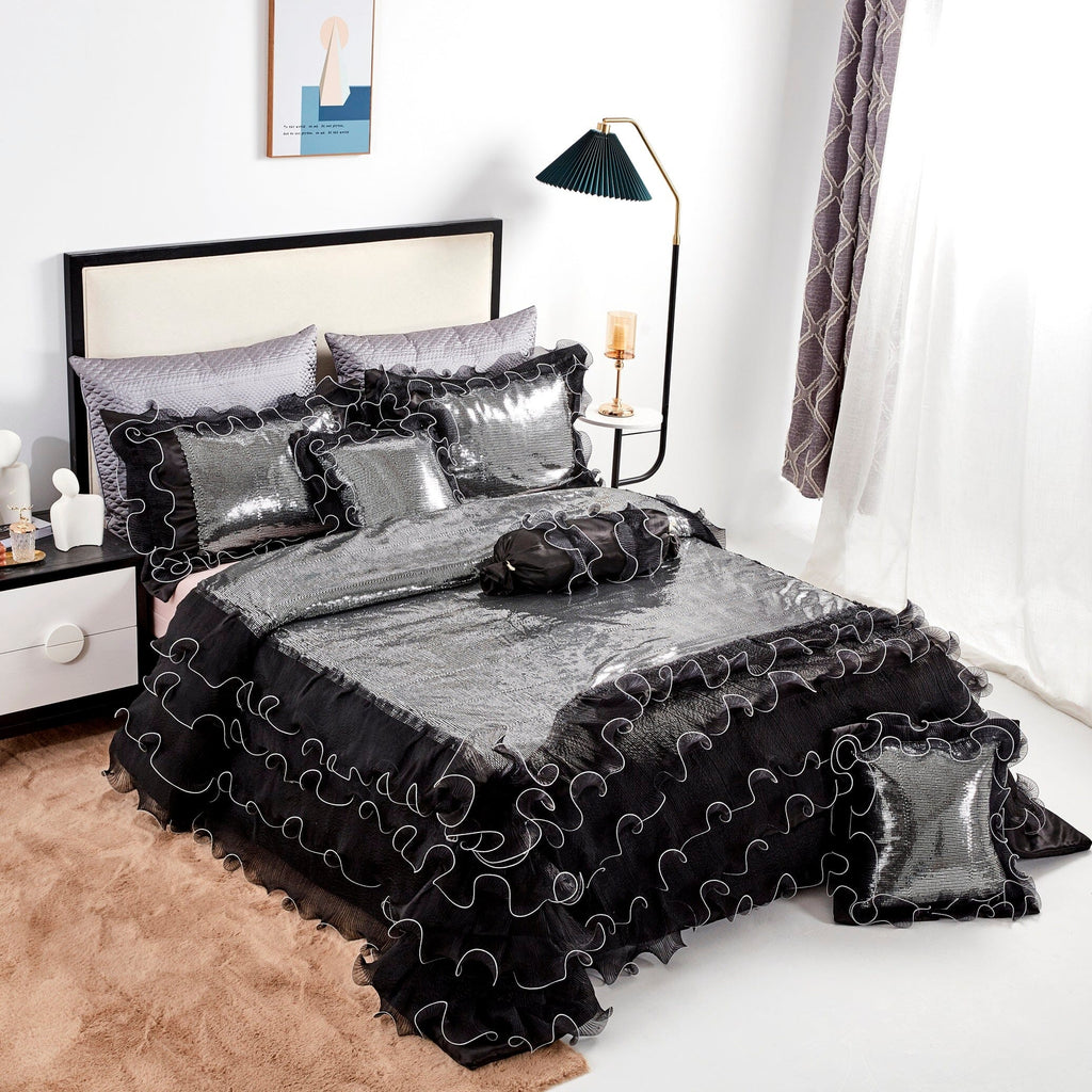 Silver Sequin Black Organza Ruffle Comforter Set