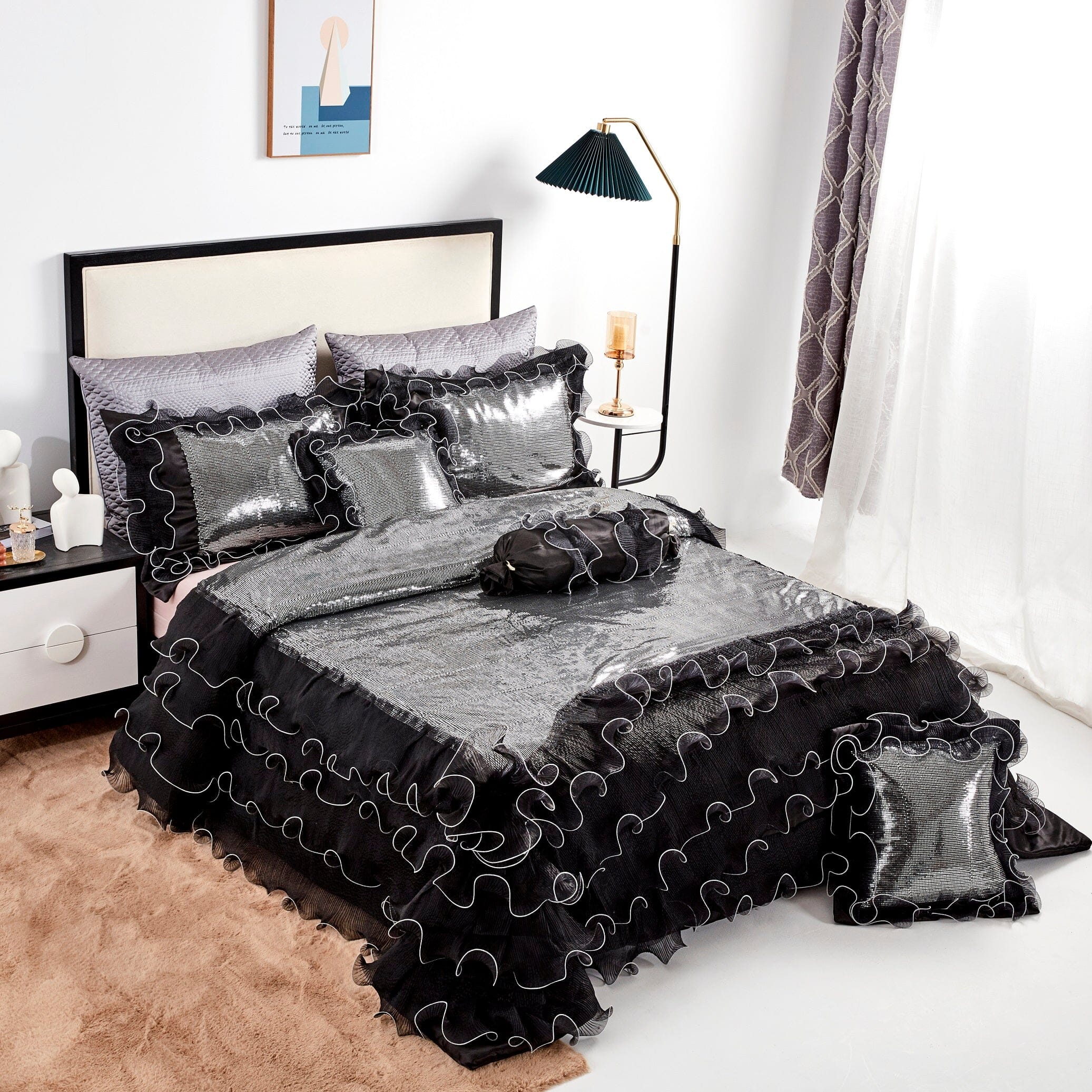Silver Sequin Black Organza Ruffle Comforter Set