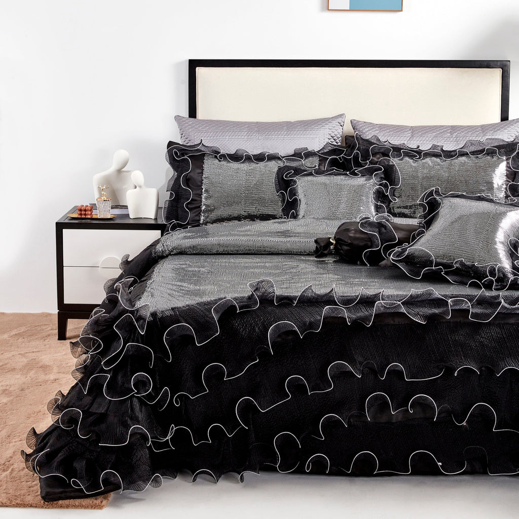 Silver Sequin Black Organza Ruffle Comforter Set