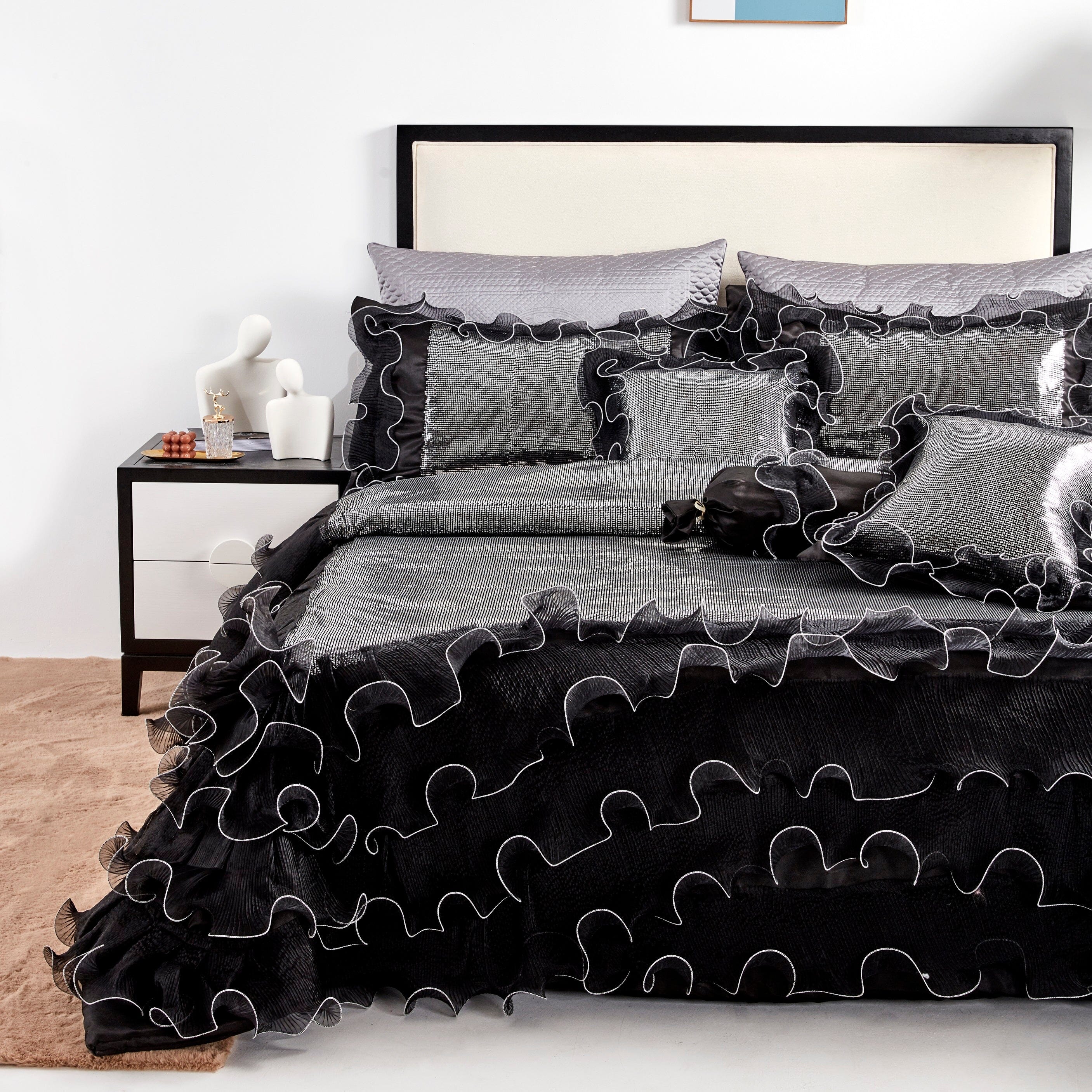 Silver Sequin Black Organza Ruffle Comforter Set