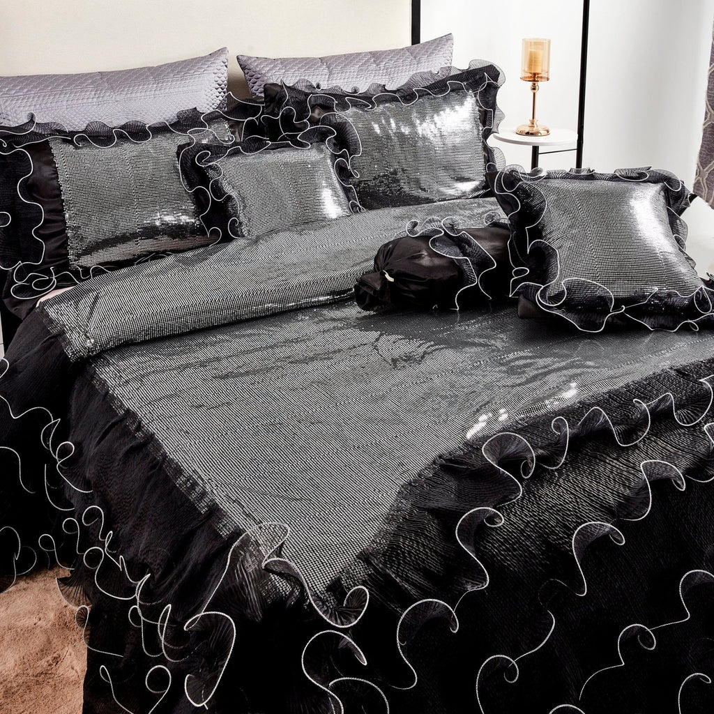 Silver Sequin Black Organza Ruffle Comforter Set