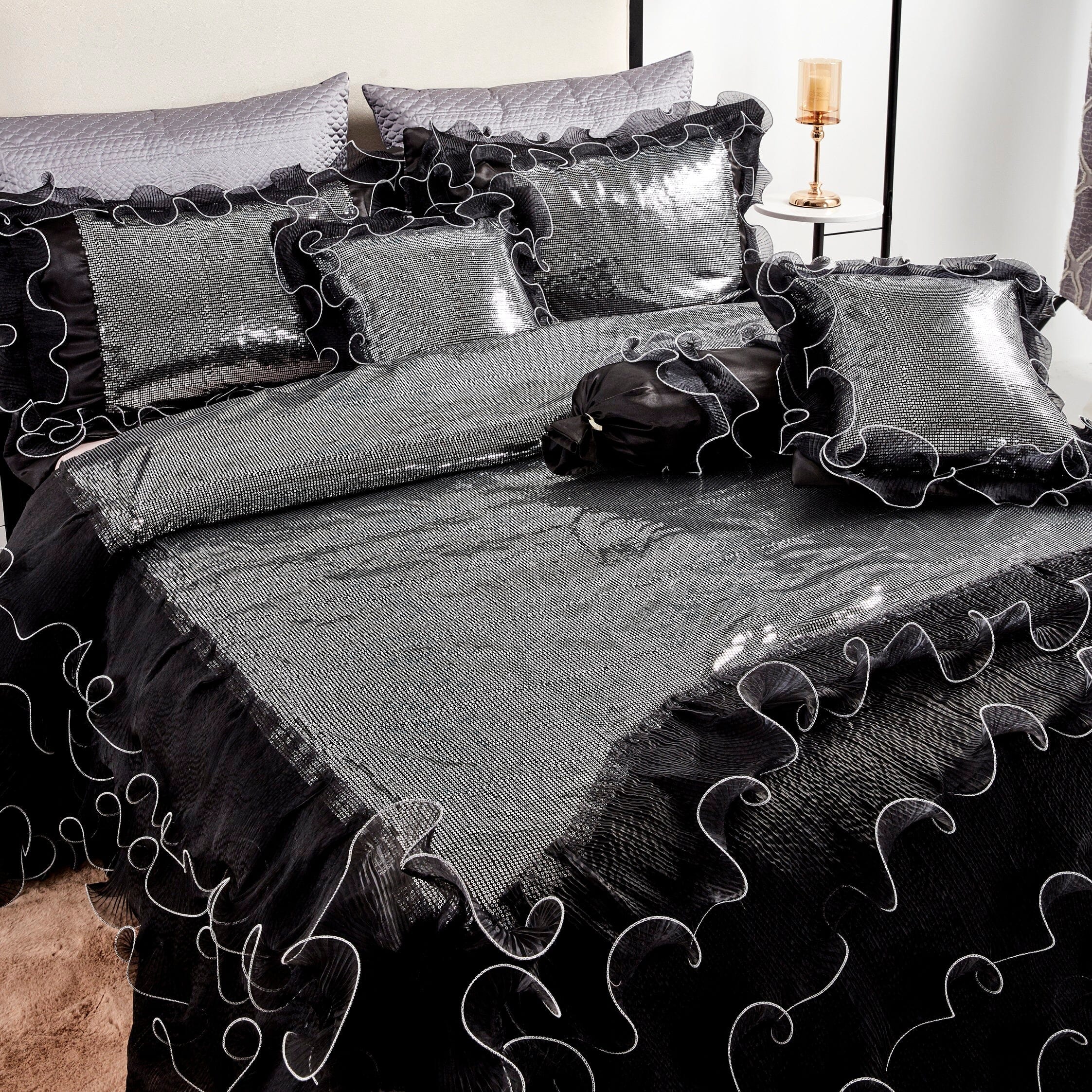 Silver Sequin Black Organza Ruffle Comforter Set