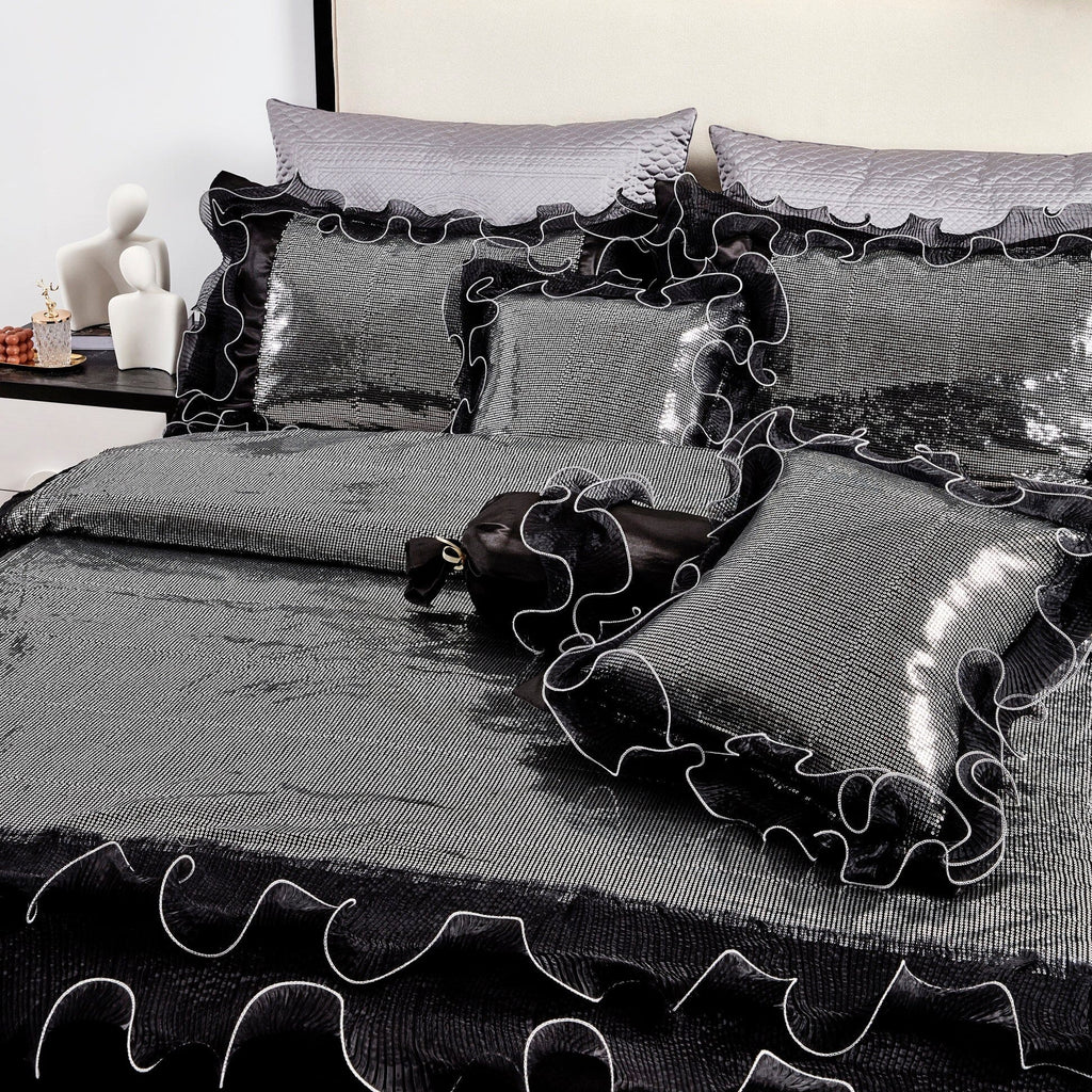 Silver Sequin Black Organza Ruffle Comforter Set