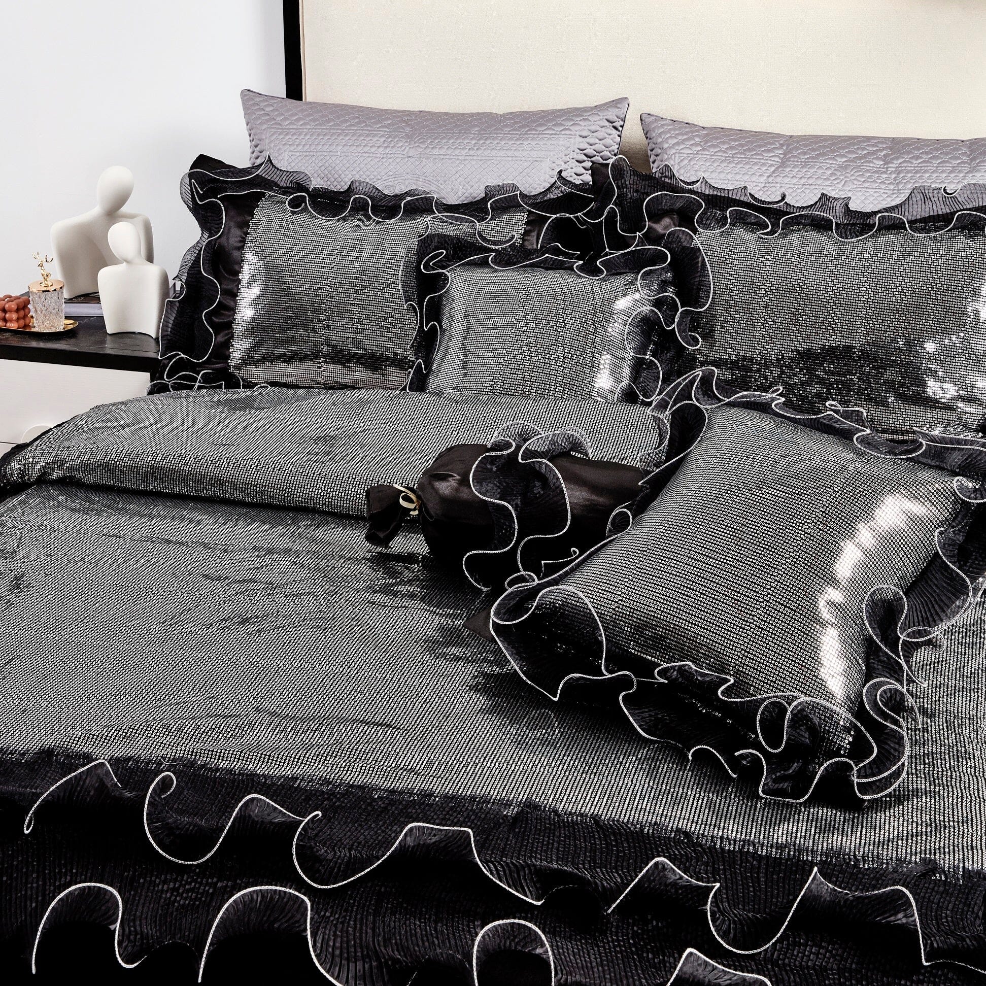 Silver Sequin Black Organza Ruffle Comforter Set