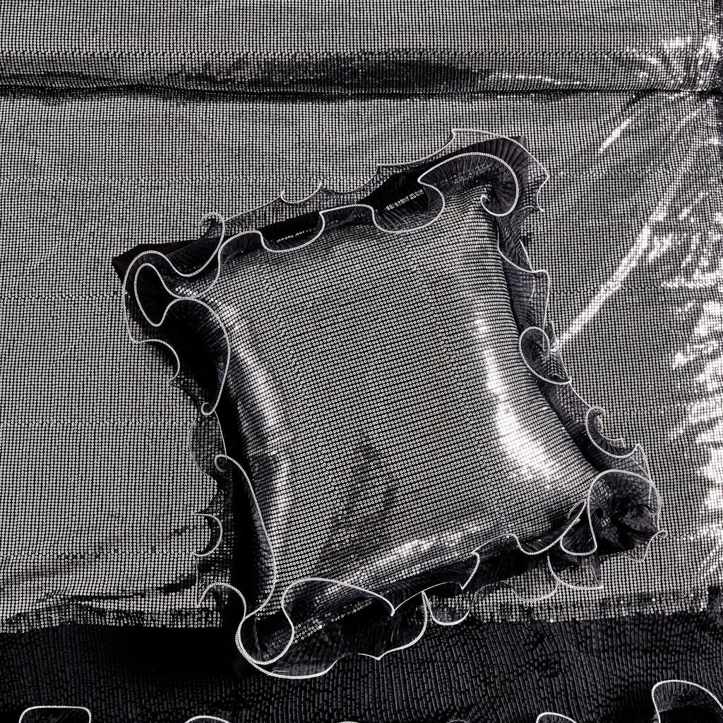 Silver Sequin Black Organza Ruffle Comforter Set