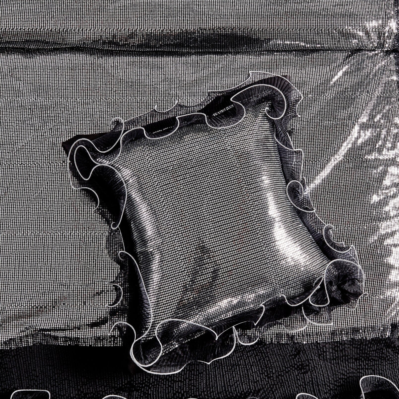 Silver Sequin Black Organza Ruffle Comforter Set