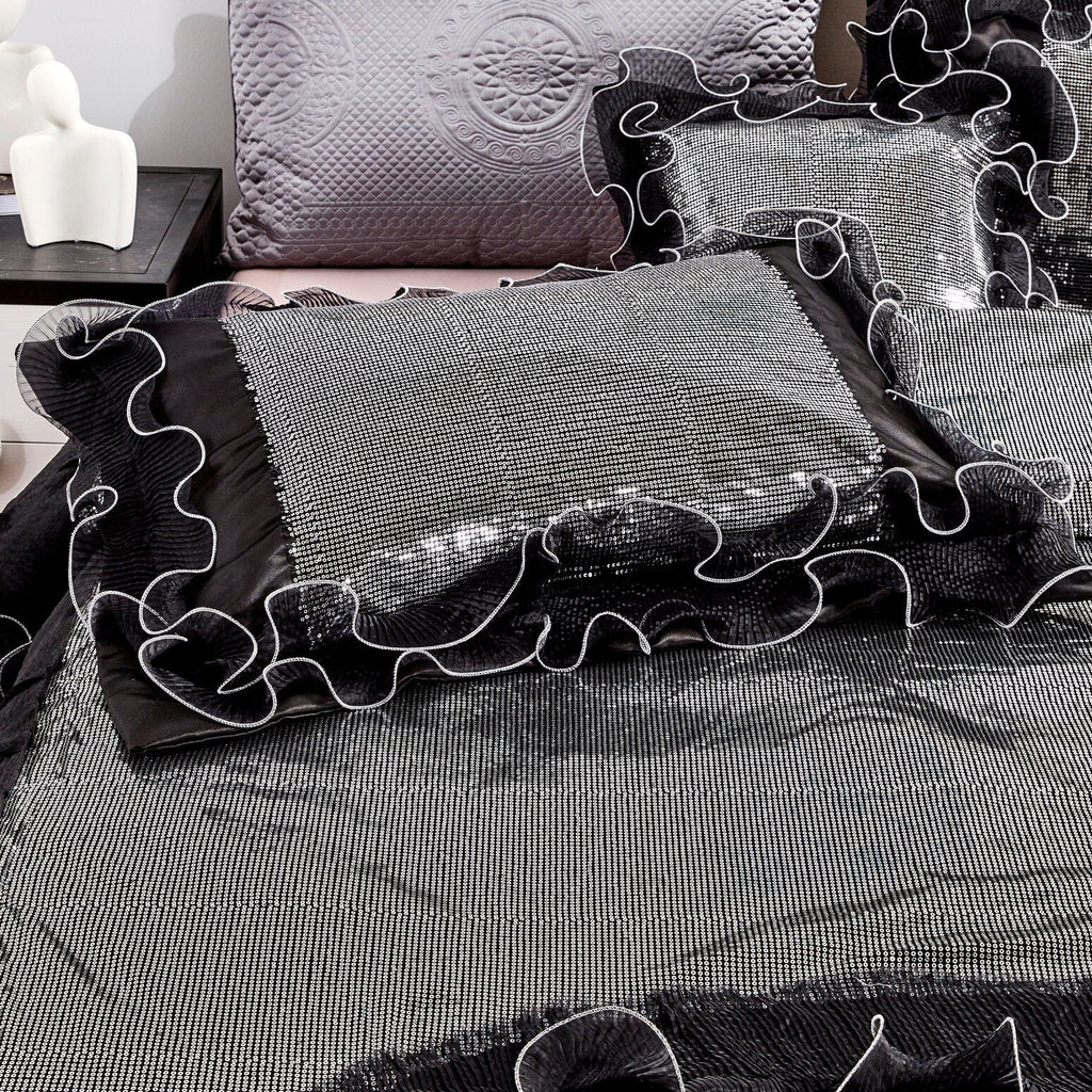 Silver Sequin Black Organza Ruffle Comforter Set