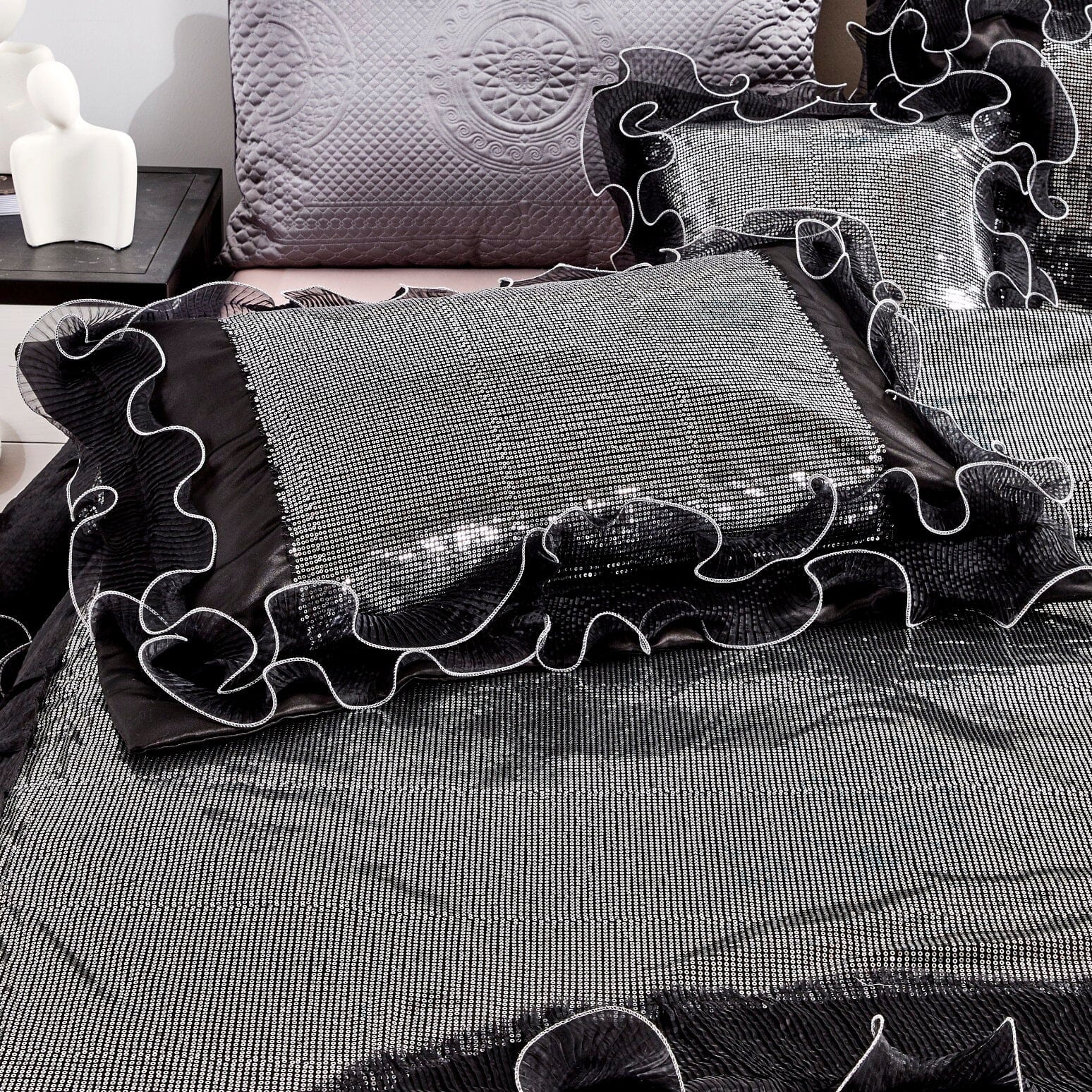 Silver Sequin Black Organza Ruffle Comforter Set
