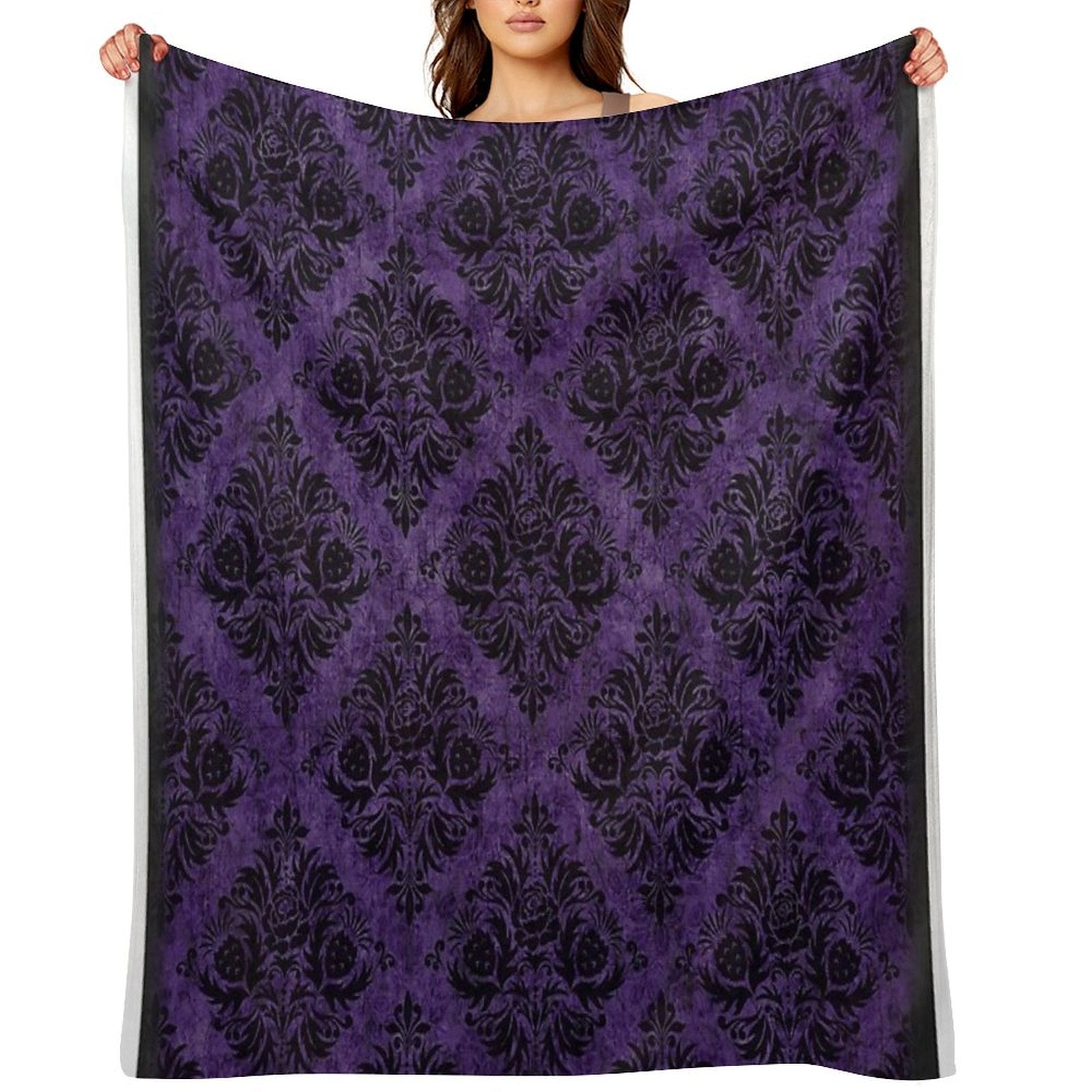 Throw Blanket -Gothic Damask in Purple and Black
