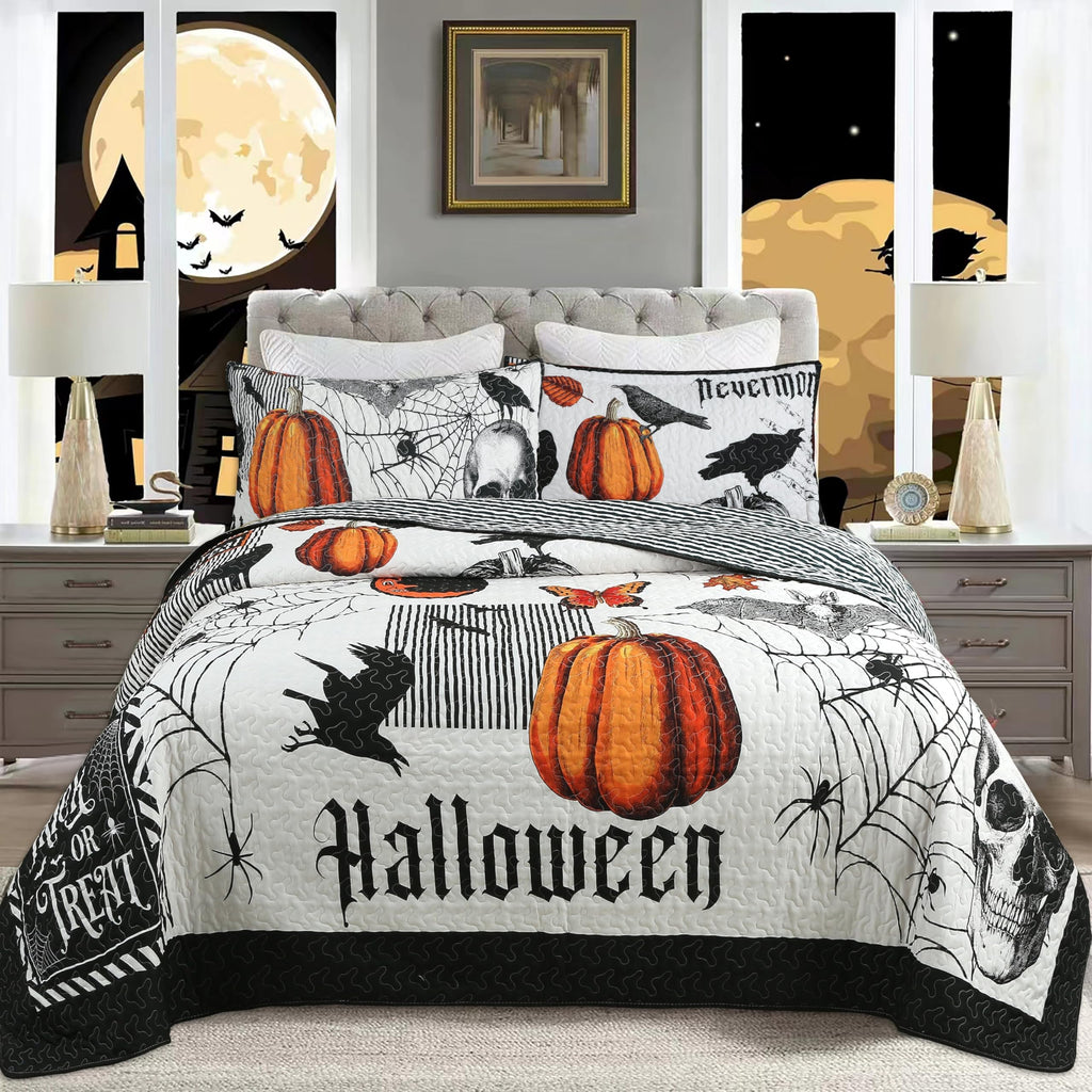 3 Piece Halloween Quilt Set - Cozy and Spooky Pumpkin and Ghost Pattern