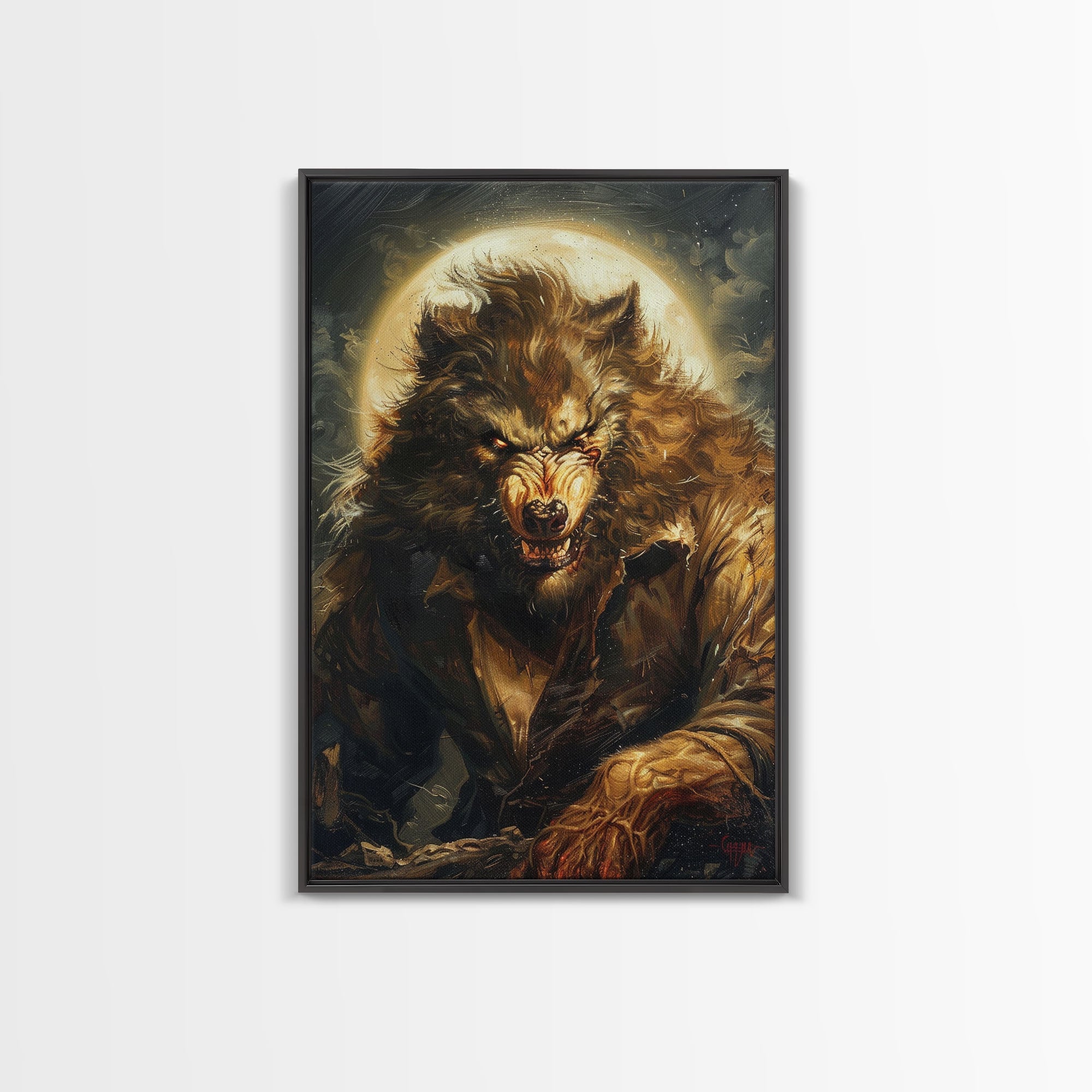 Werewolf Under Full Moon — Framed Halloween Canvas Print