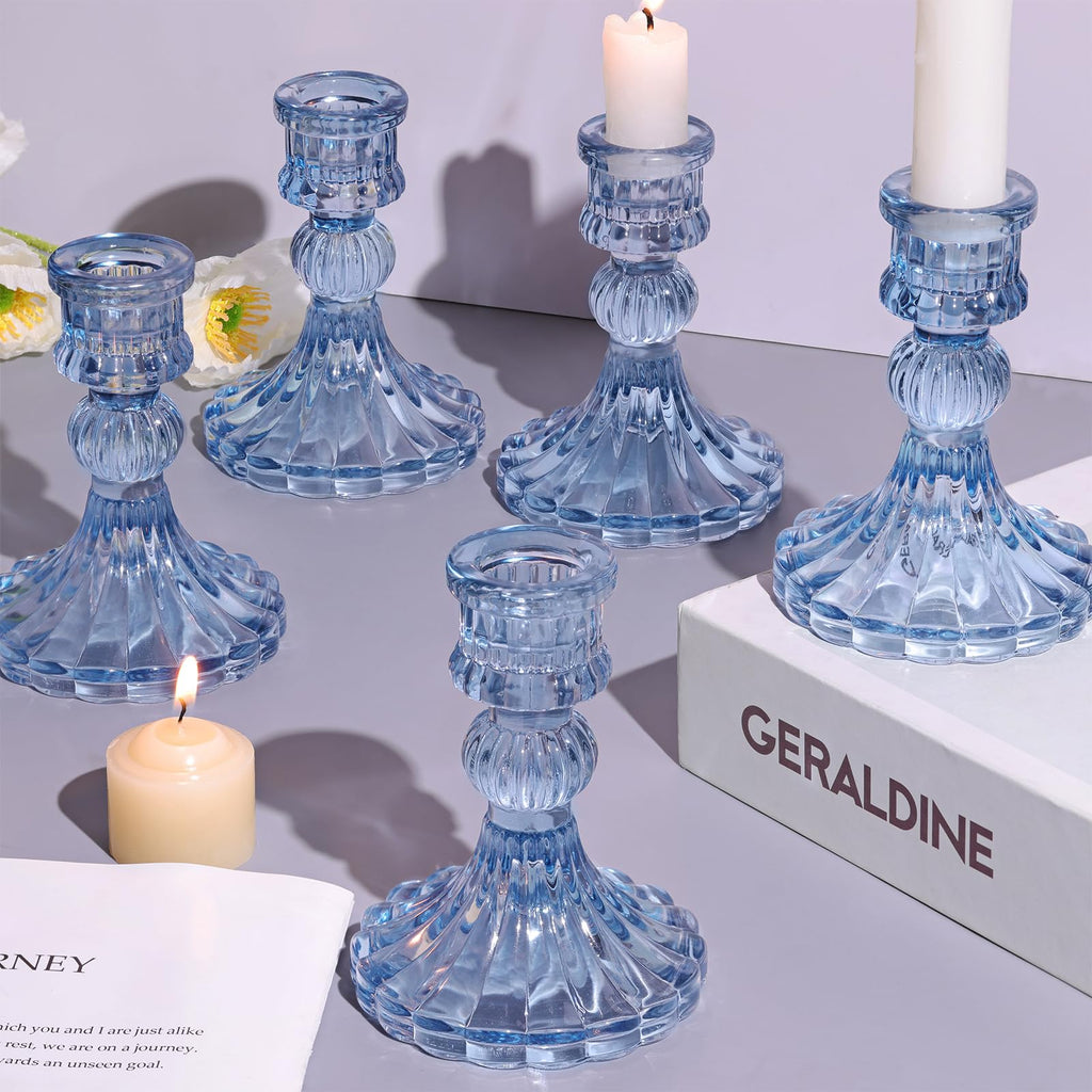 Blue Glass Taper Candle Holders — Set of 12
