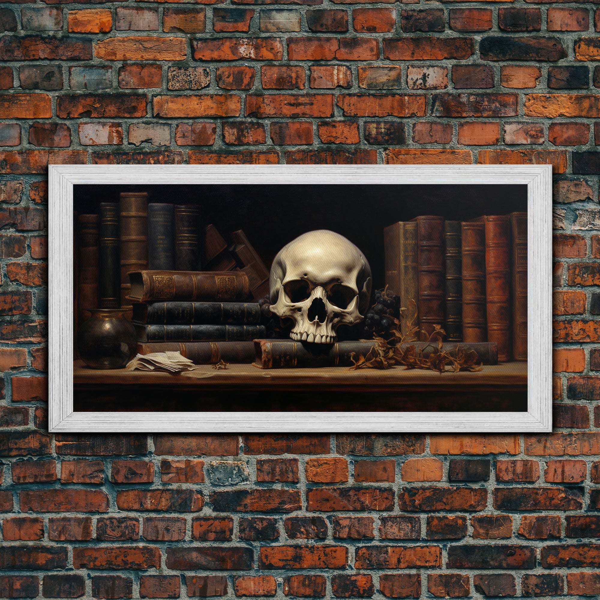 The Skull on the Shelf Framed Canvas Print