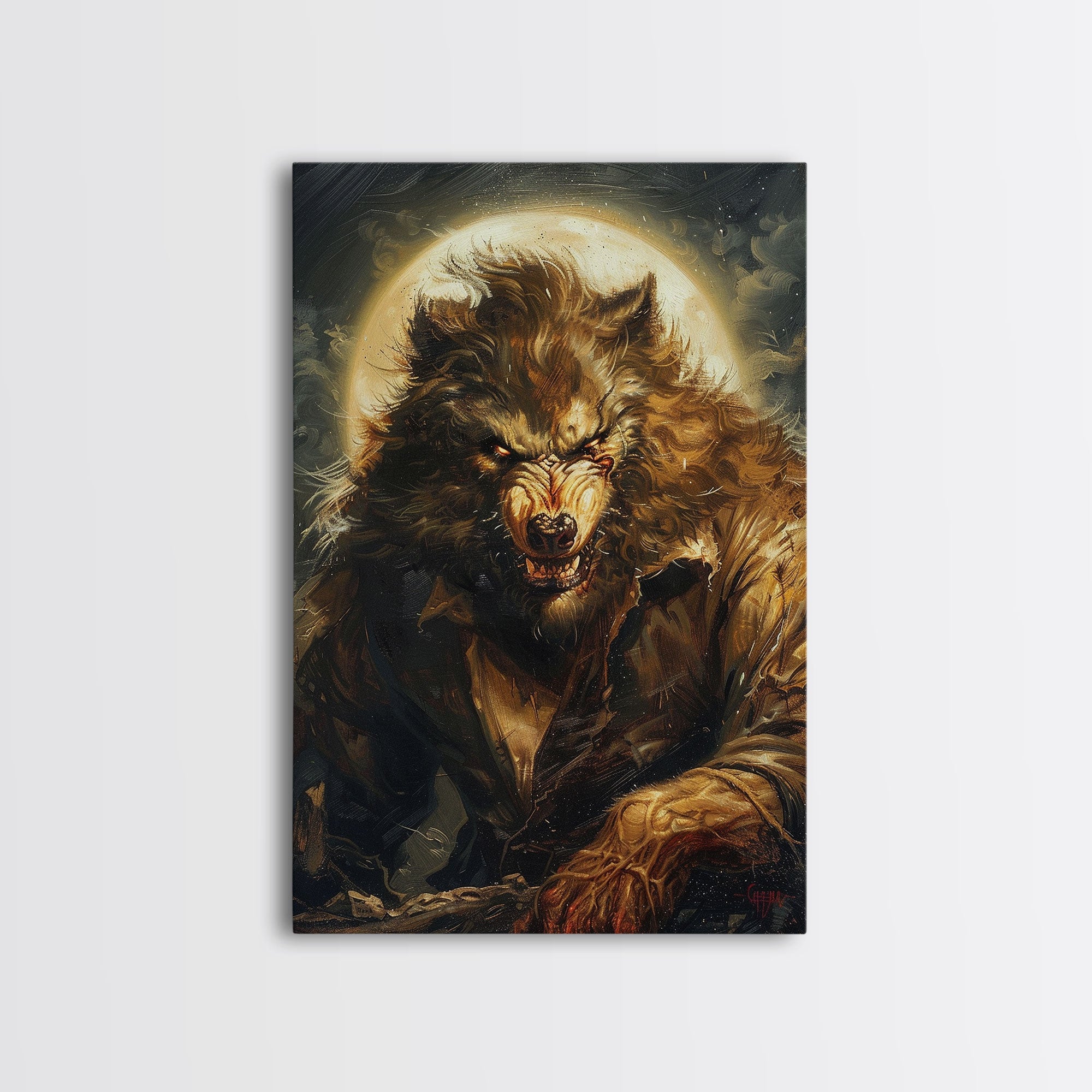 Werewolf Under Full Moon — Framed Halloween Canvas Print