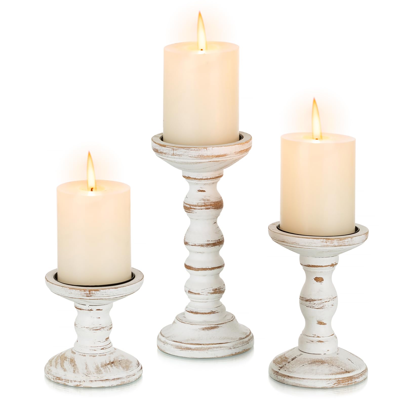 Natural Solid Wood Pillar Candle Holders — Set of 3 Graduated Heights