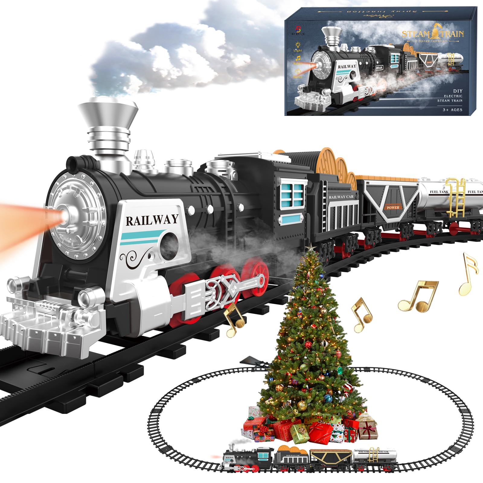 Electric Train Set Christmas Train Toys w/SmokesLights& Sound (ON/Off) Kids Rechargeable Train Set w/Steam Locomotive Cargo Cars & Tracks Christmas Birthday Gift for Boys Girls 3 4 5 6 7
