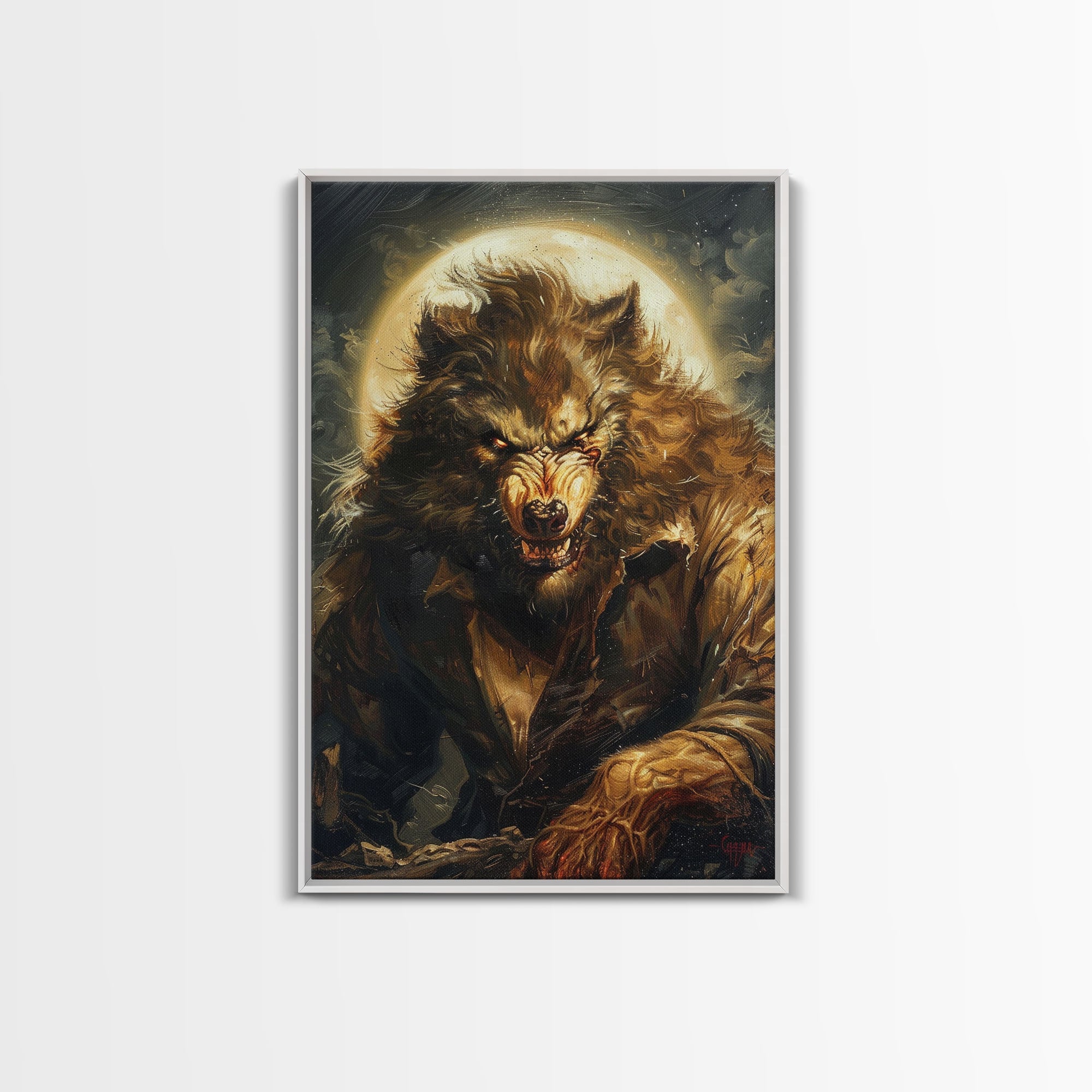 Werewolf Under Full Moon — Framed Halloween Canvas Print