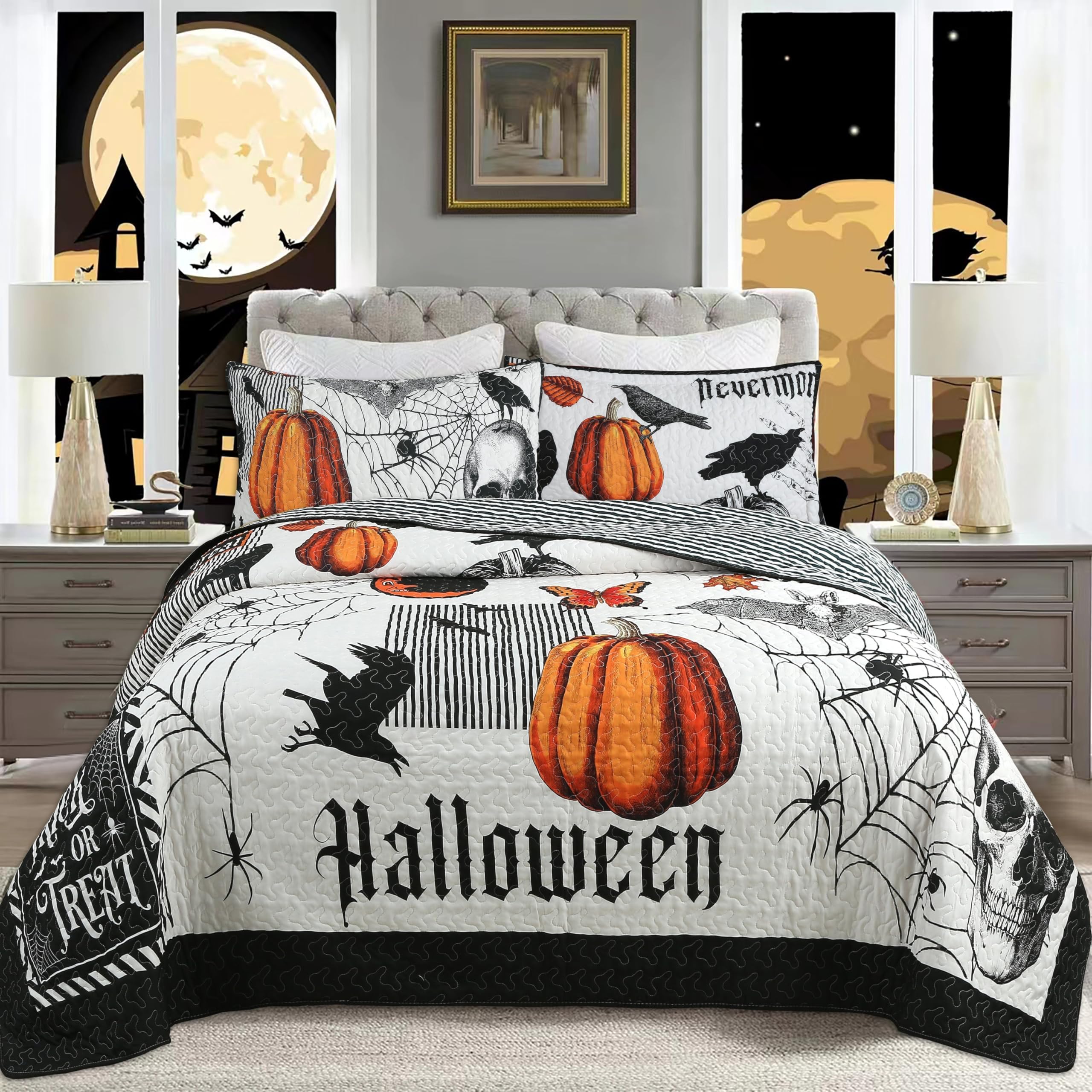 3 Piece Halloween Quilt Set - Cozy and Spooky Pumpkin and Ghost Pattern