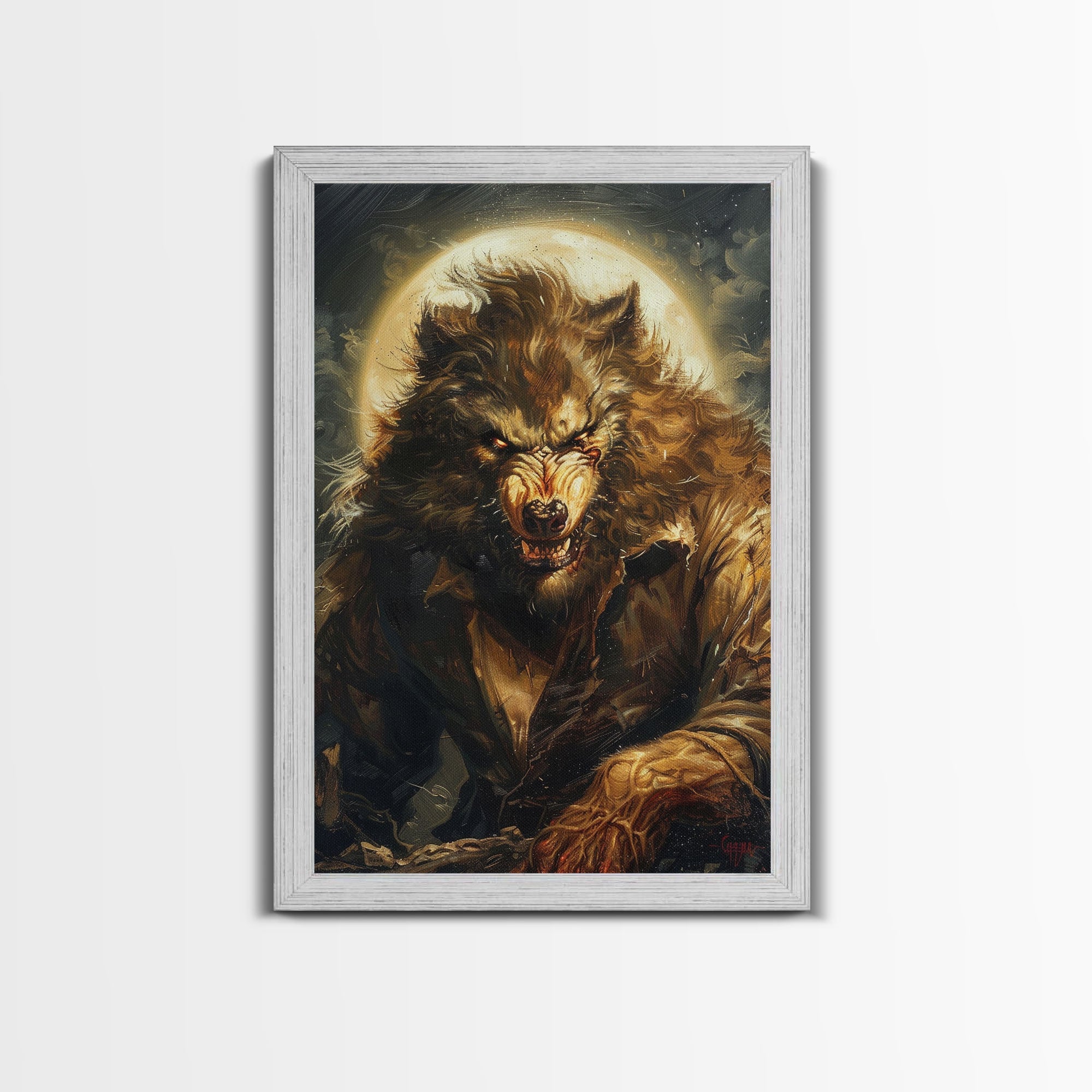 Werewolf Under Full Moon — Framed Halloween Canvas Print
