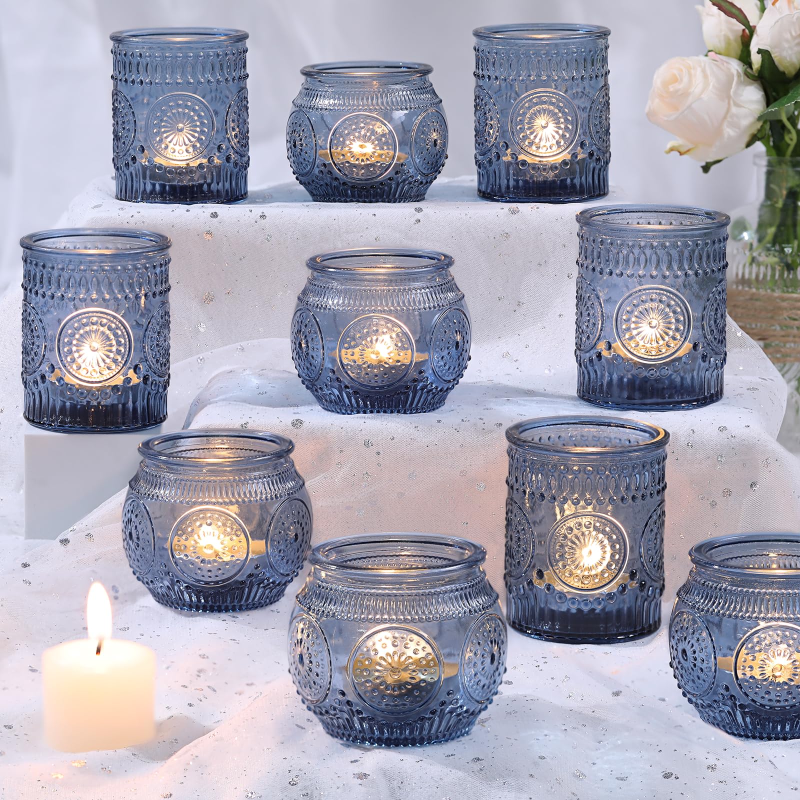 Blue Glass Votive Candle Holders, Set of 12