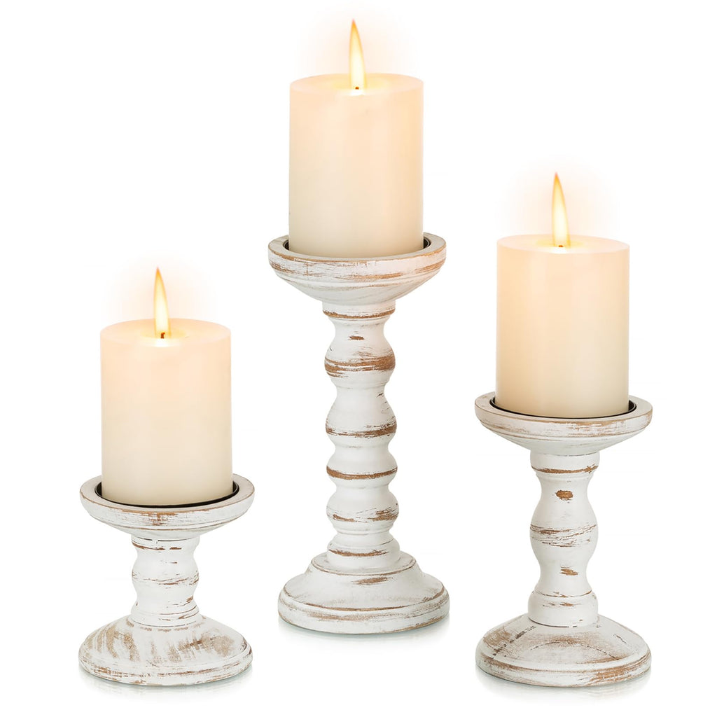 Natural Solid Wood Pillar Candle Holders — Set of 3 Graduated Heights
