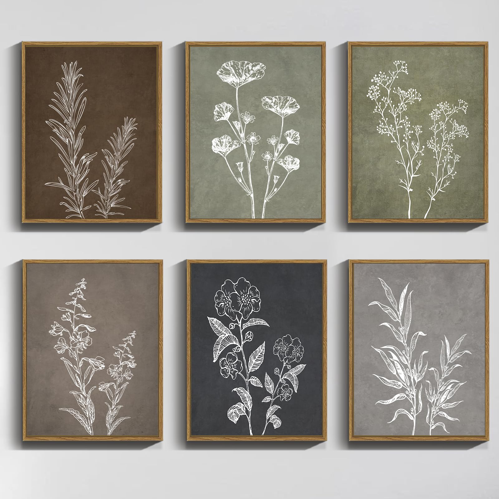 Botanical Wall Art Framed Boho Wall Art Decor Wooded Vintage Print Modern Farmhouse Home Kitchen Decor 11x14inx6pcs Neutral Framed