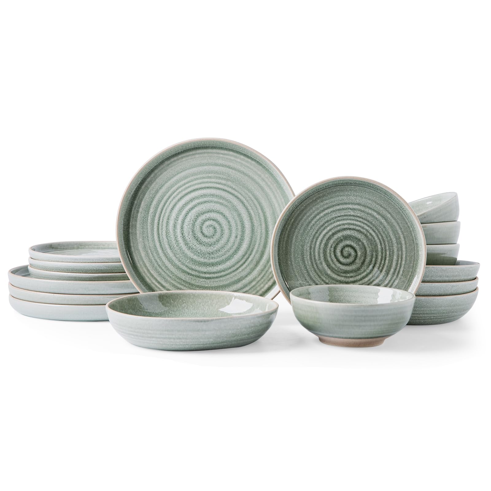 Hand-Painted Green Stoneware Dinnerware Set, Service for 4