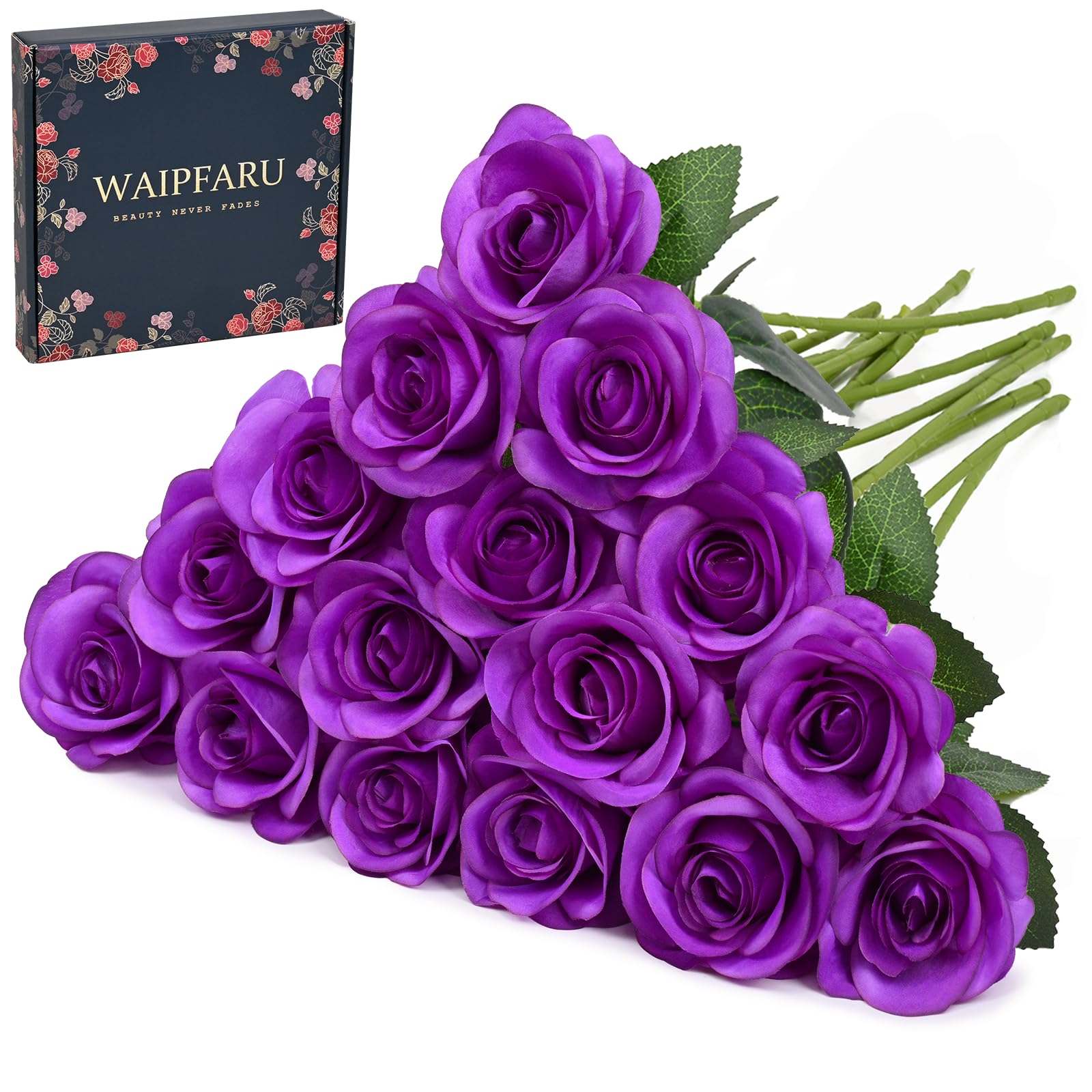 Purple Roses Artificial Flowers 16 Pcs Fake Artificial Roses with Long Stems Faux Silk Roses Bouquet for Wedding Fall Halloween Indoor Outdoor Home Decor (Purple)