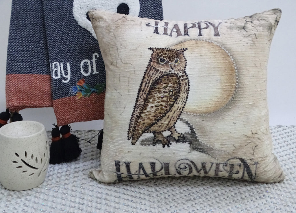 Halloween Owl Embroidered Throw Pillow — 20" x 20"