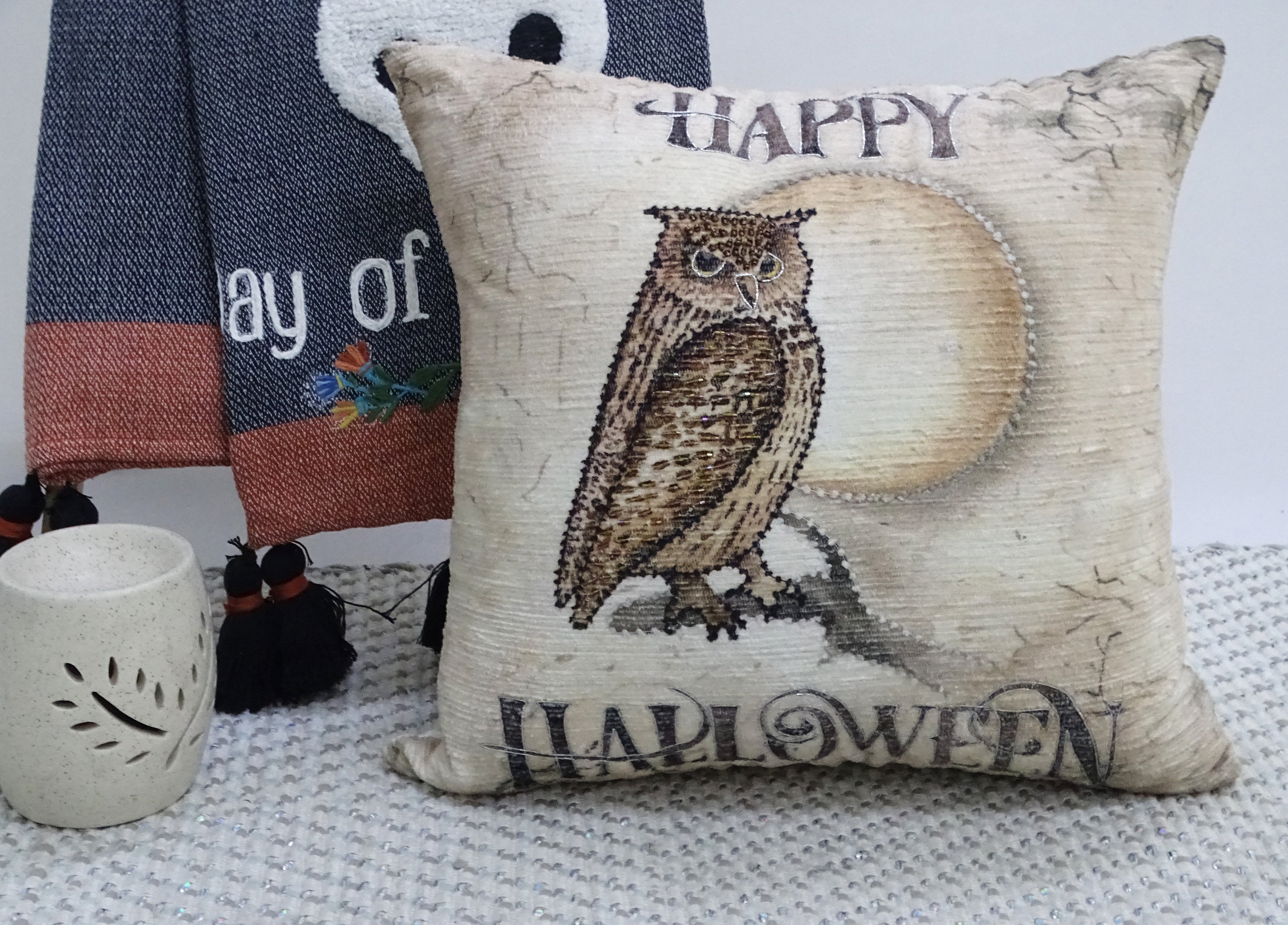 Halloween Owl Embroidered Throw Pillow — 20" x 20"