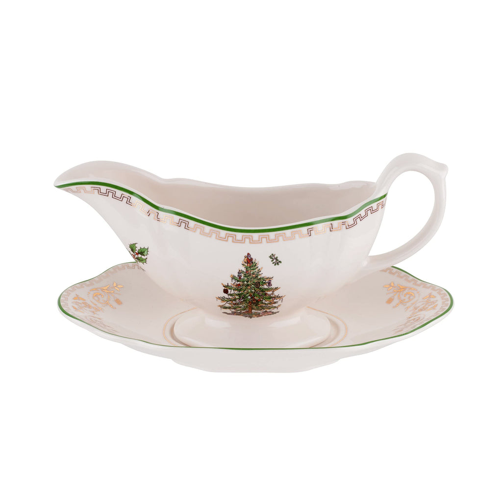 Spode Christmas Tree Gold 10 Oz Gravy Boat and Stand - Fine Porcelain with 22K Gold Accents