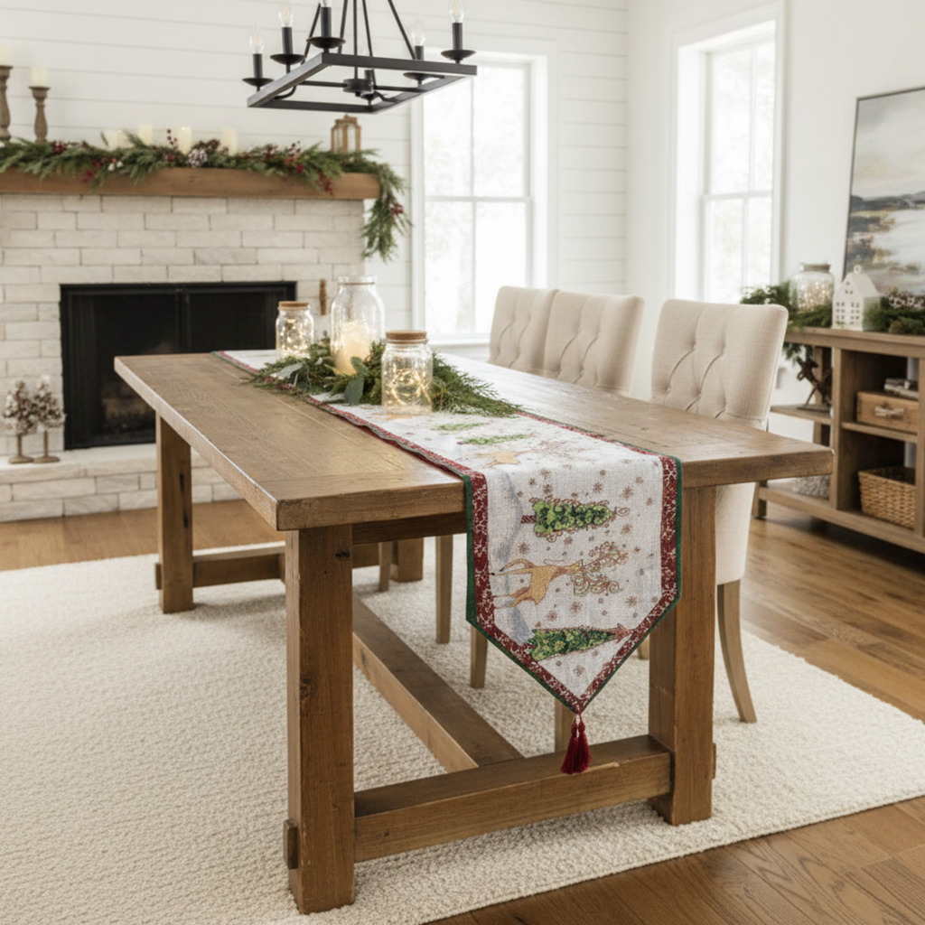 Winter Forest Reindeer Tapestry Table Runner