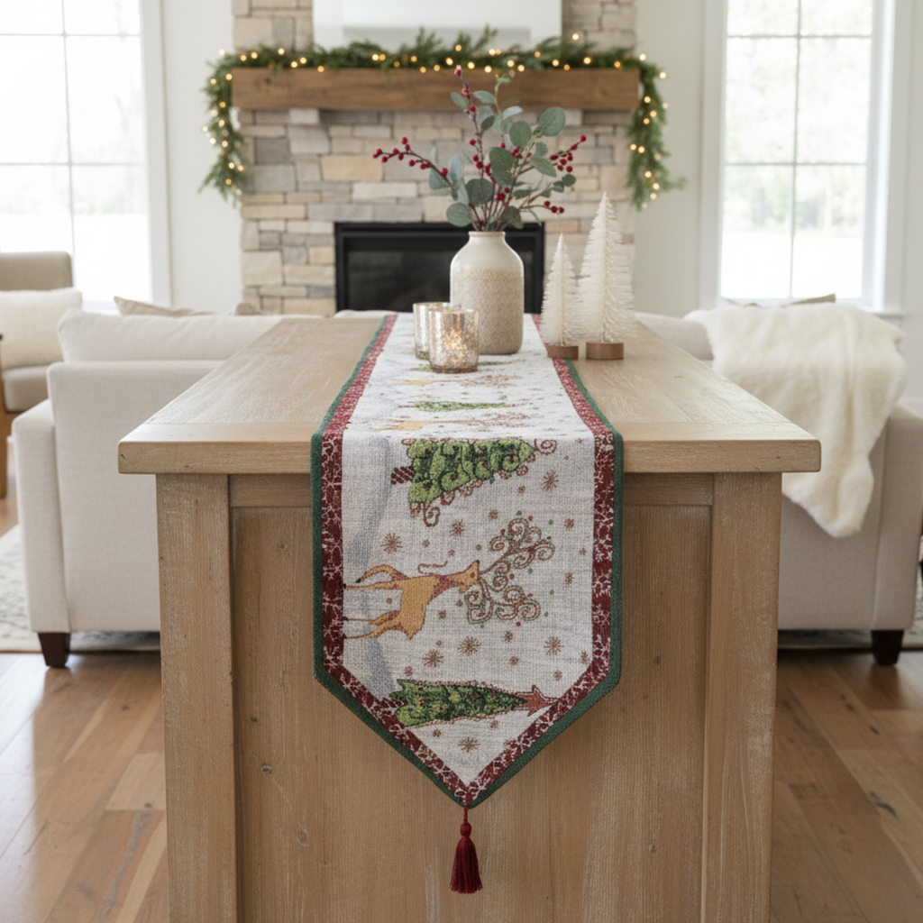 Winter Forest Reindeer Tapestry Table Runner