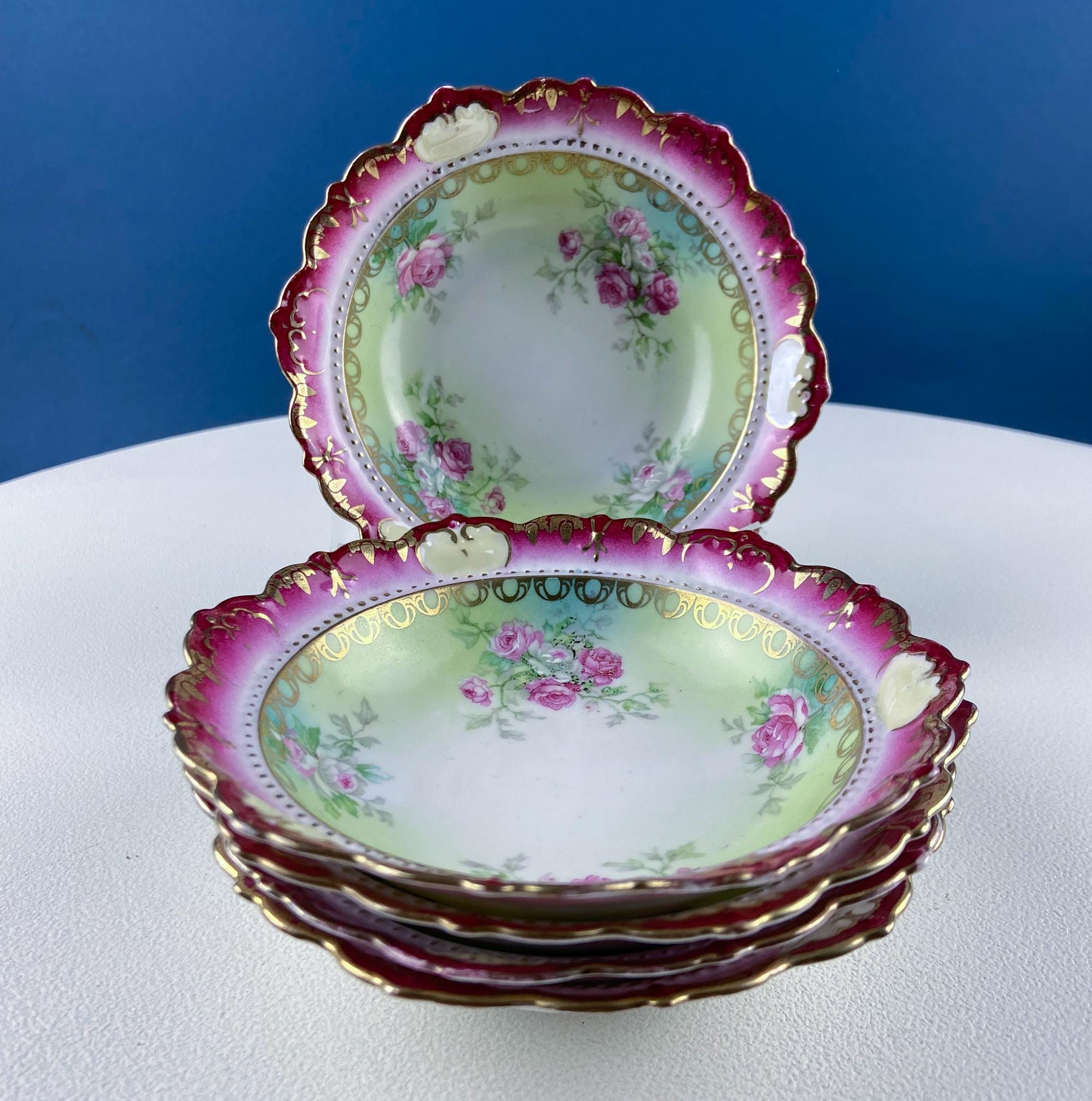 Antique MZ Austria Hand-Painted Rose Serving Bowl Set – 6 Pieces