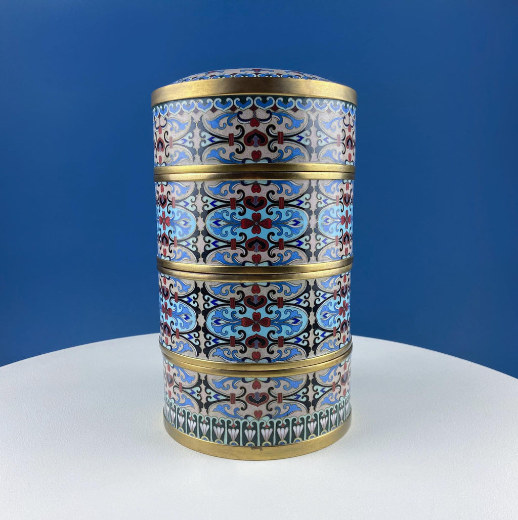 Antique Chinese Cloisonne Stackable Boxes. Set of 4 Bowls. Brass Trims. Food Carrier Trinket Storage. Ethnic Art. Asian Ethnic Home Decor.