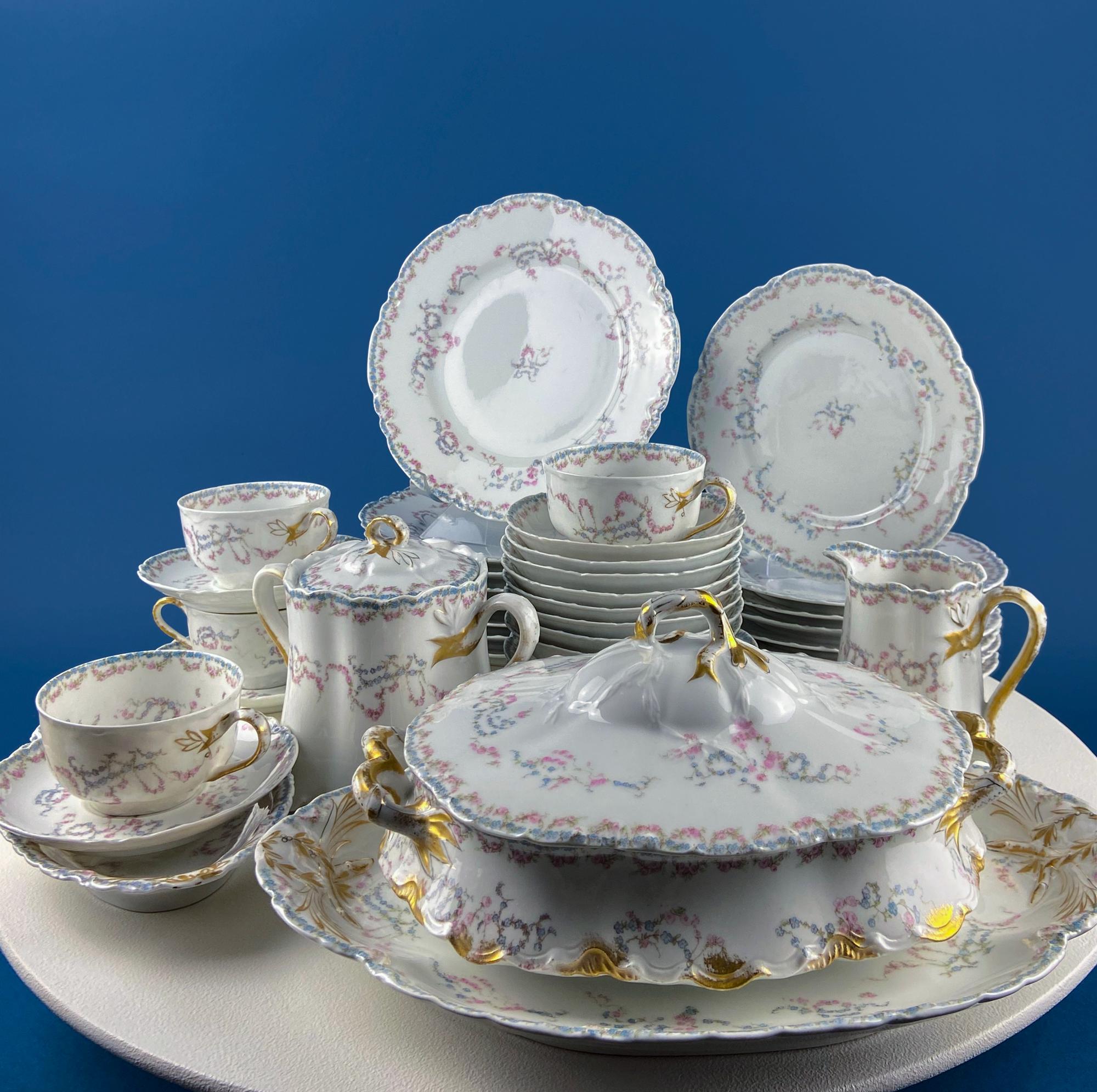Antique Limoges Forget-Me-Not & Tea Rose Breakfast Set – Service for 8