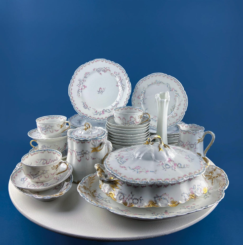 Antique Limoges Forget-Me-Not & Tea Rose Breakfast Set – Service for 8