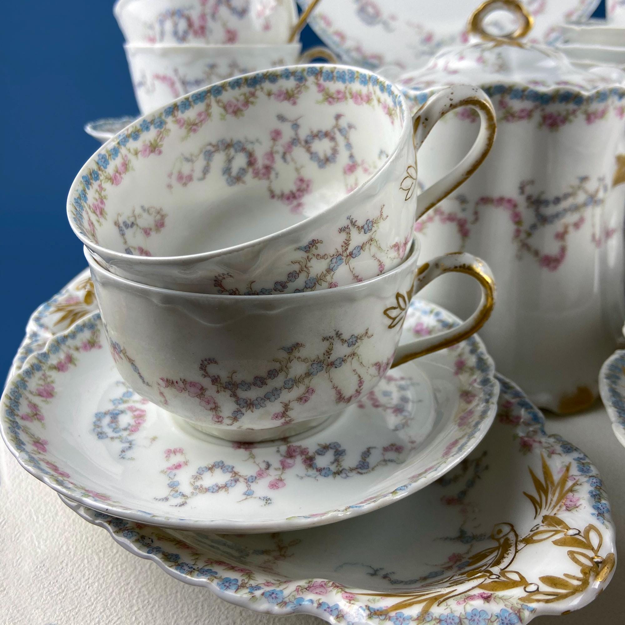 Antique Limoges Forget-Me-Not & Tea Rose Breakfast Set – Service for 8
