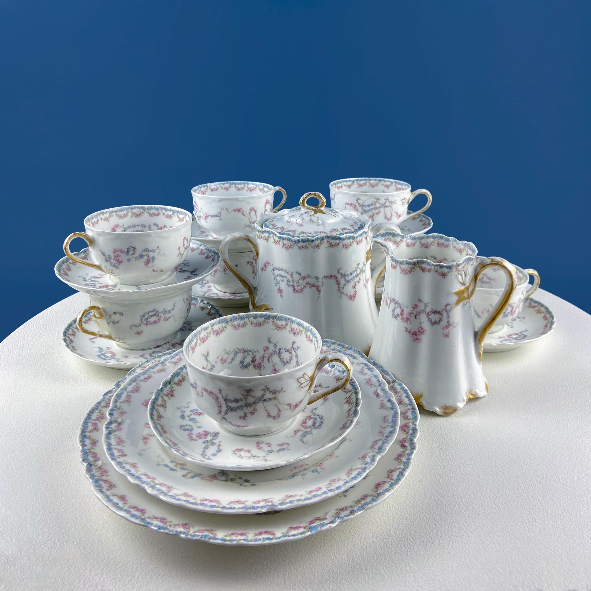 Antique Limoges Forget-Me-Not & Tea Rose Breakfast Set – Service for 8