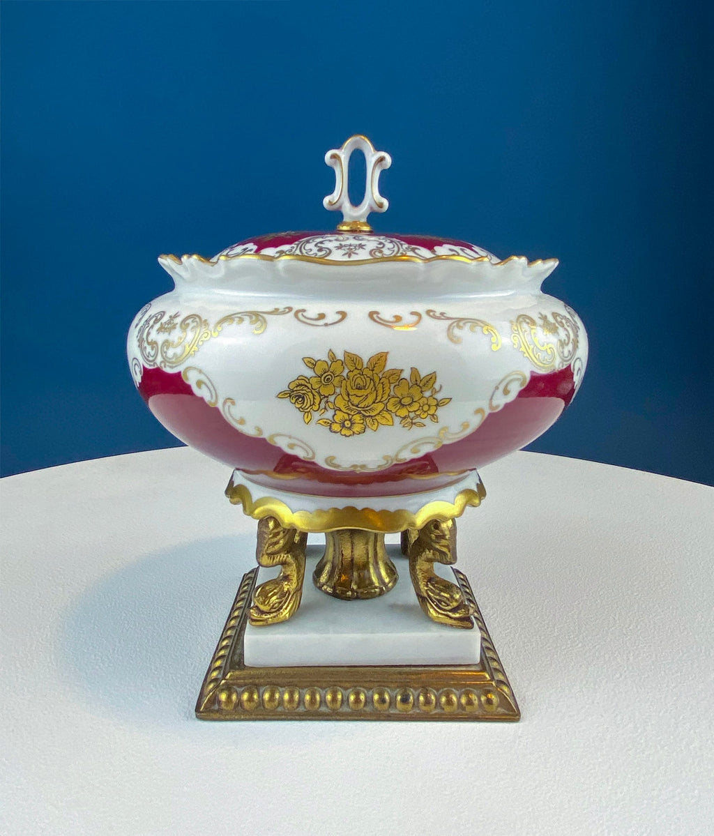 Antique Porcelain Burgundy & Gold Footed Bowl with Marble Base – Hand-Painted Roses & Dolphin Feet