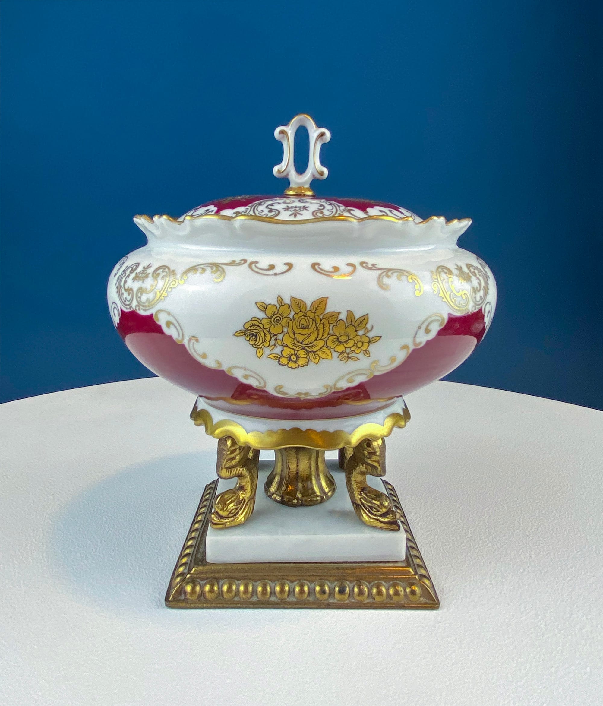 Antique Porcelain Burgundy & Gold Footed Bowl with Marble Base – Hand-Painted Roses & Dolphin Feet