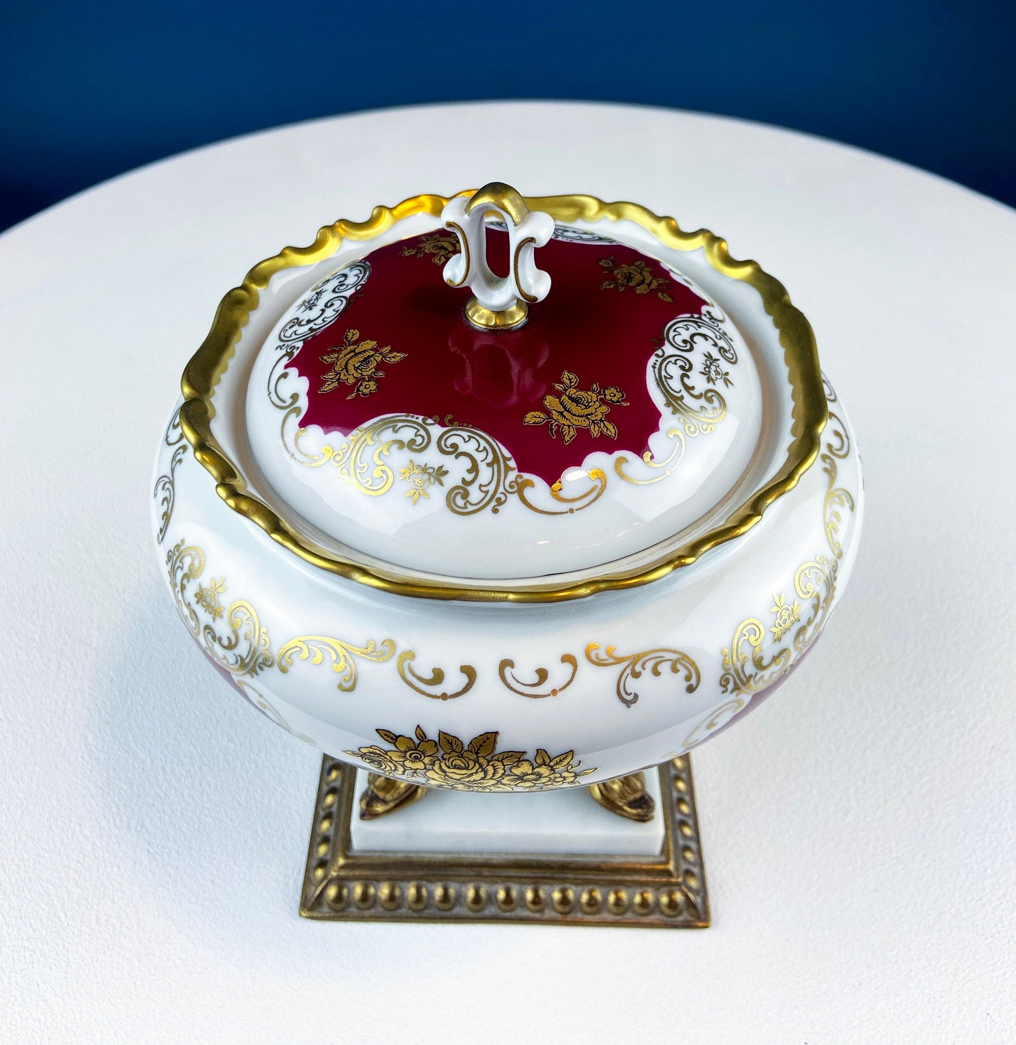 Antique Porcelain Burgundy & Gold Footed Bowl with Marble Base – Hand-Painted Roses & Dolphin Feet